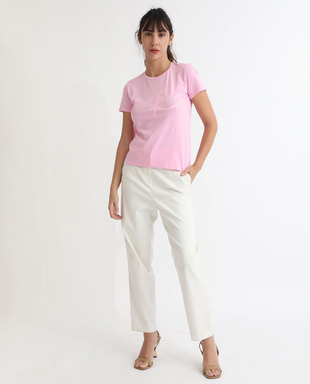 Rareism Women's Vivian Pink Cotton Crew Neck Graphic Print Regular Fit T-Shirt