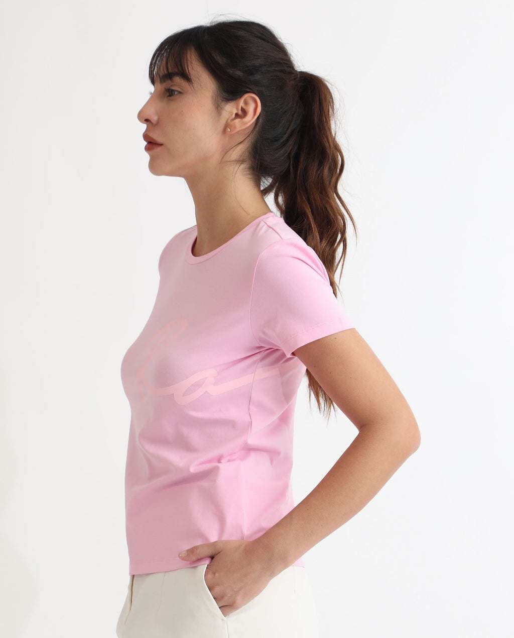 Rareism Women's Vivian Pink Cotton Crew Neck Graphic Print Regular Fit T-Shirt