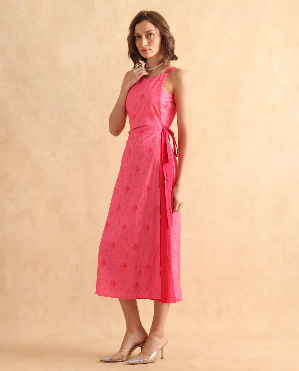 Rareism Women's Viyug Pink Cotton Blend Halter Neck Monogram Print Sleeveless Midi Wrap Dress