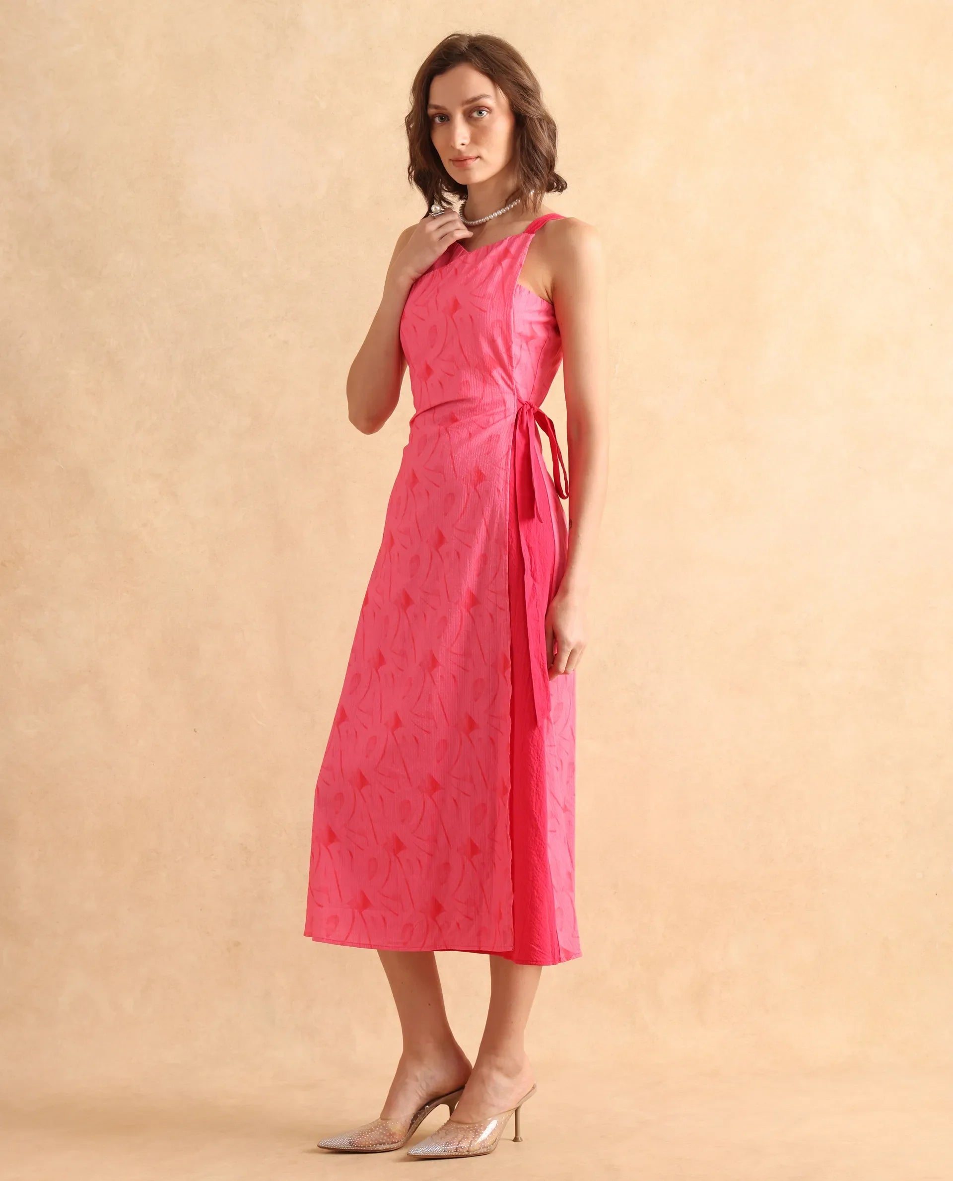 Rareism Women's Viyug Pink Cotton Blend Halter Neck Monogram Print Sleeveless Midi Wrap Dress