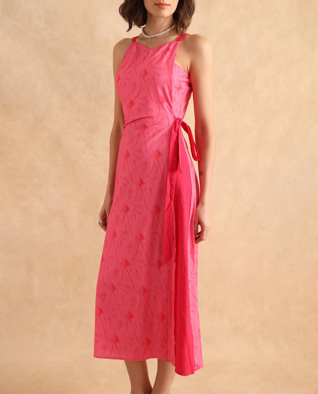 Rareism Women's Viyug Pink Cotton Blend Halter Neck Monogram Print Sleeveless Midi Wrap Dress