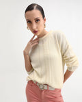 Rareism Women's Viza Off White Acrylic Blend Fabric Crew Neck Relaxed Fit Plain Sweater