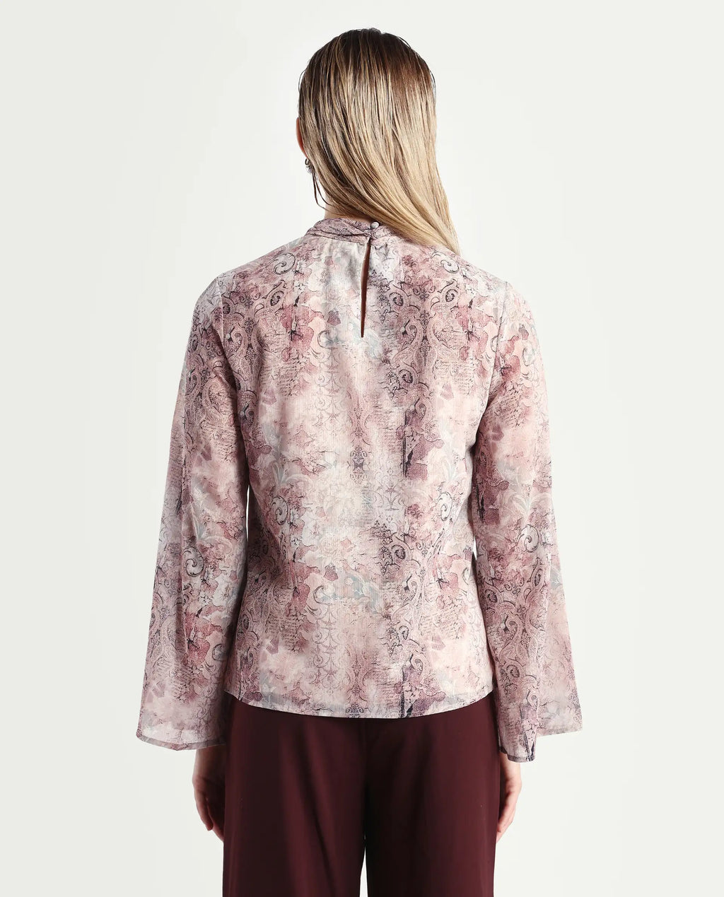 Rareism Women's Vokasna Multi Polyester High Neck Paisley Print Bell Sleeve Relaxed Fit Top