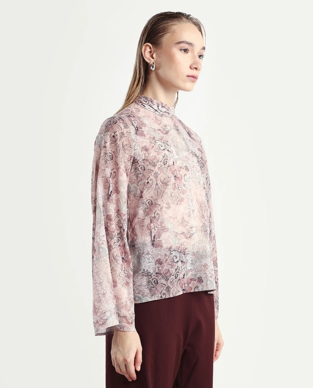 Rareism Women's Vokasna Multi Polyester High Neck Paisley Print Bell Sleeve Relaxed Fit Top