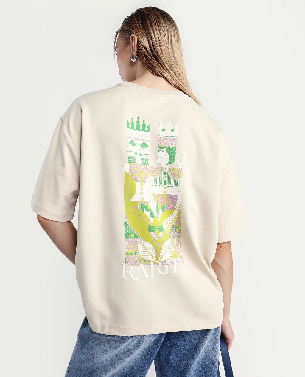 Rareism Women's Voke Beige Cotton Blend Crew Neck Graphic Print Oversized T-Shirt