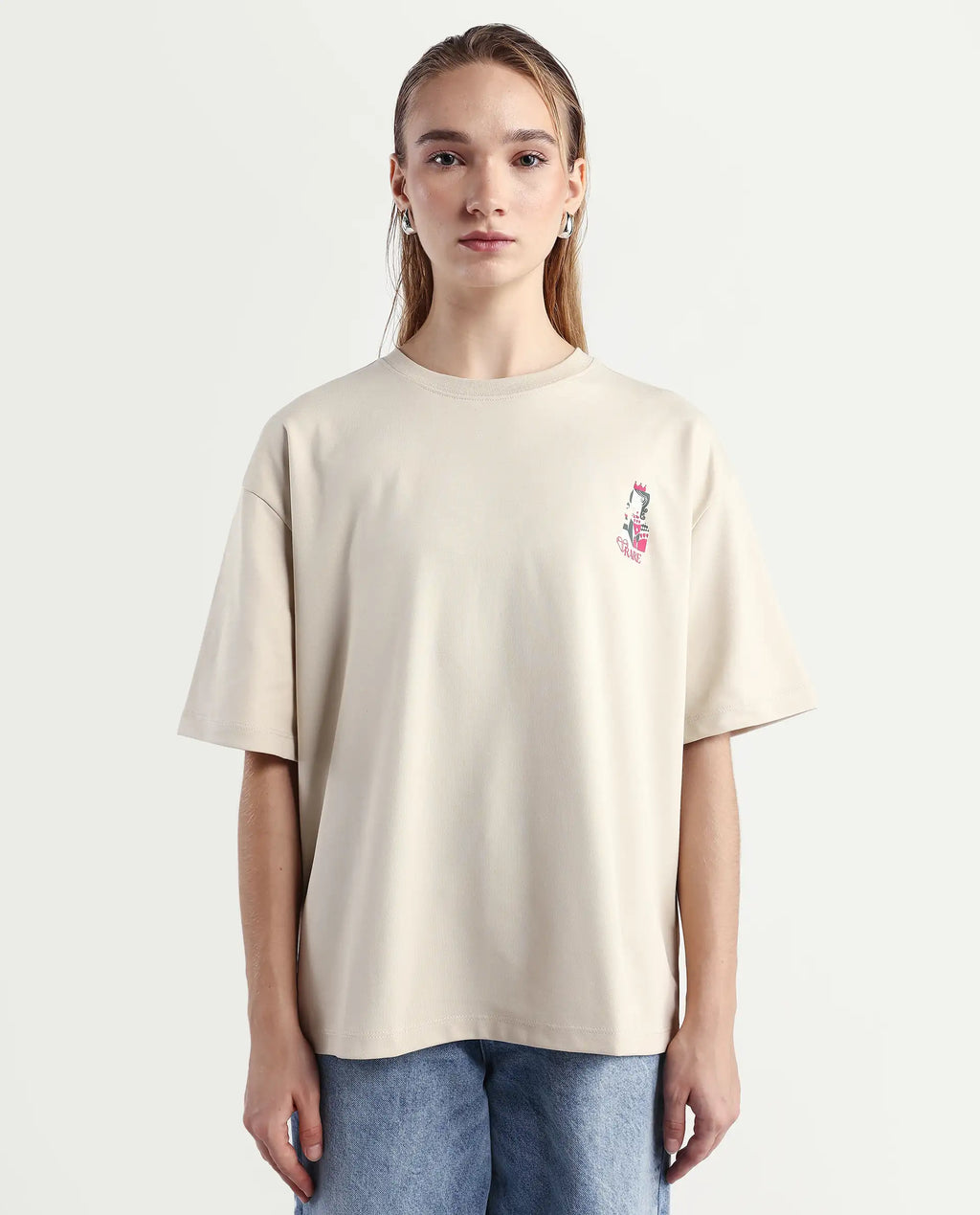 Rareism Women's Voke Beige Cotton Blend Crew Neck Graphic Print Oversized T-Shirt