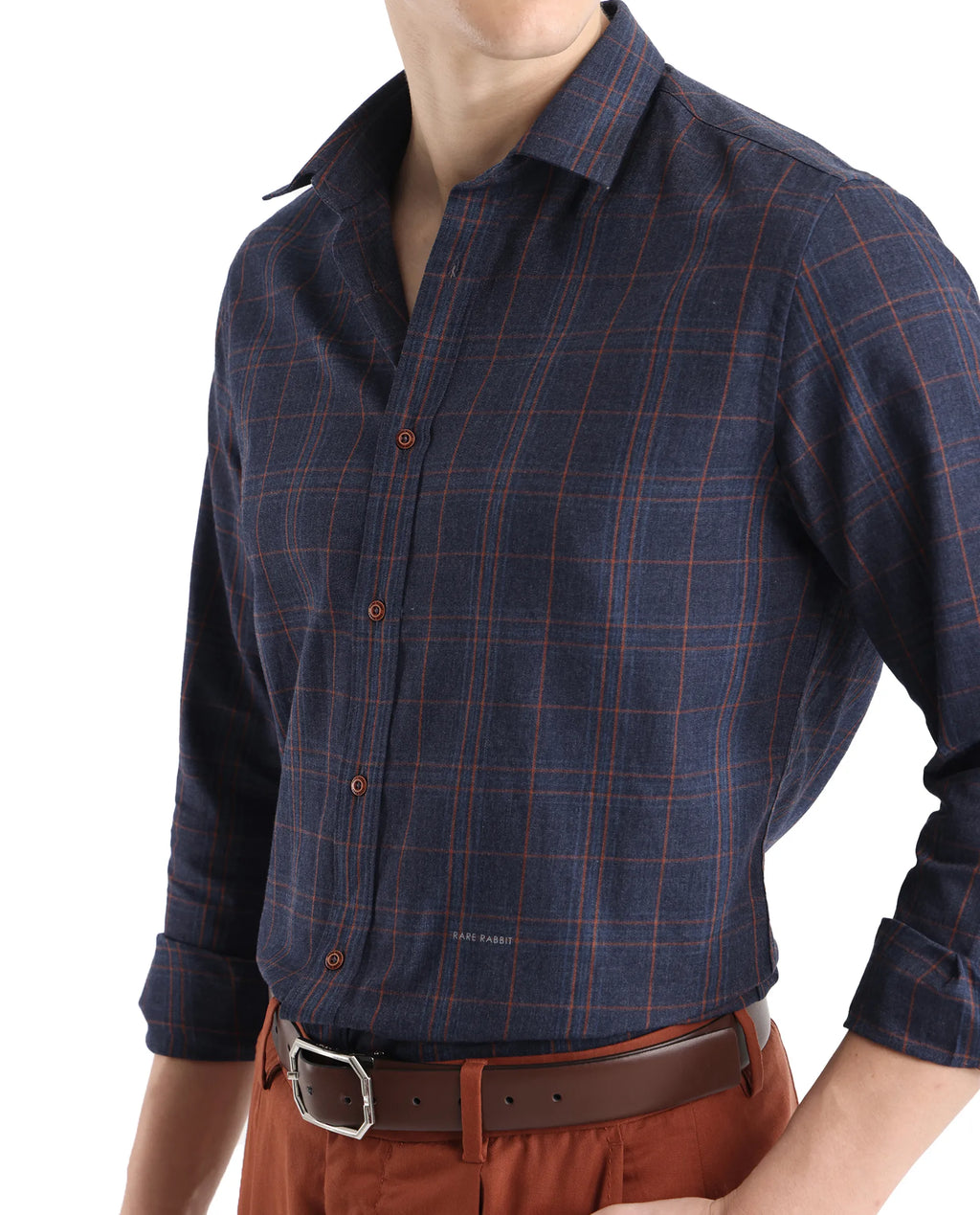 Rare Rabbit Men's Vool Navy Cotton Checked Print Regular Fit Full Sleeve Collared Shirt