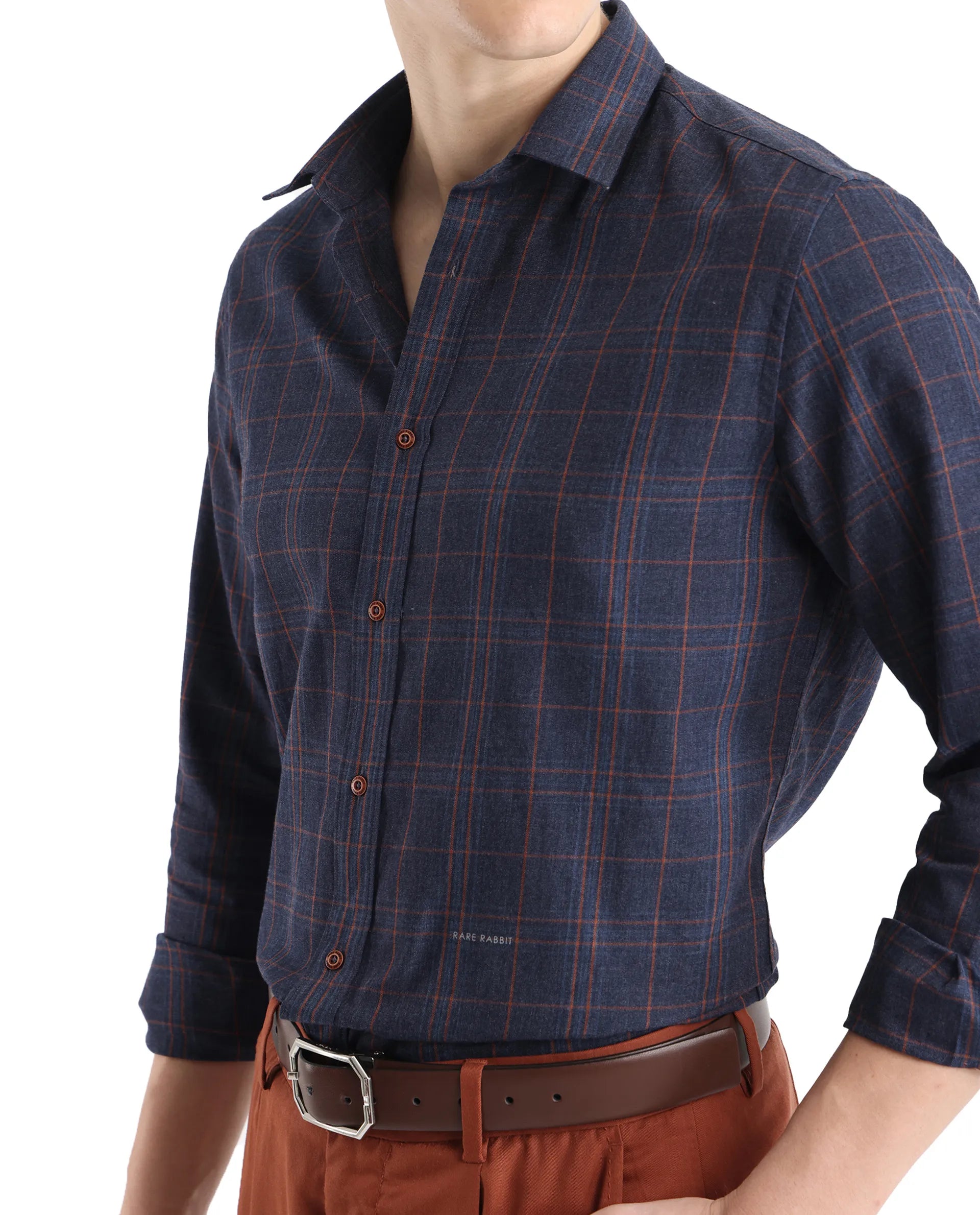 Rare Rabbit Men's Vool Navy Cotton Checked Print Regular Fit Full Sleeve Collared Shirt