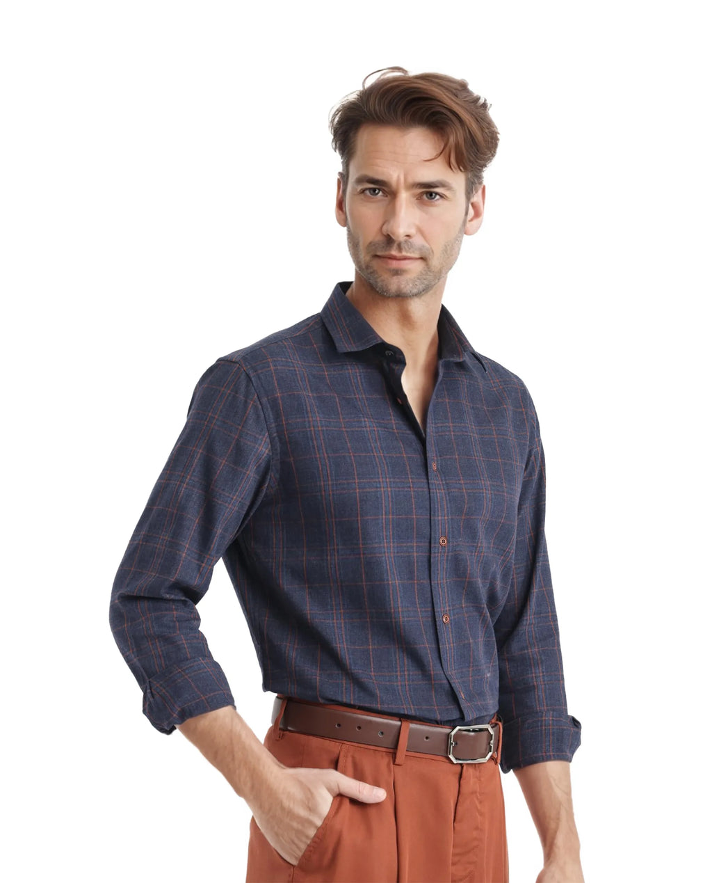 Rare Rabbit Men's Vool Navy Cotton Checked Print Regular Fit Full Sleeve Collared Shirt