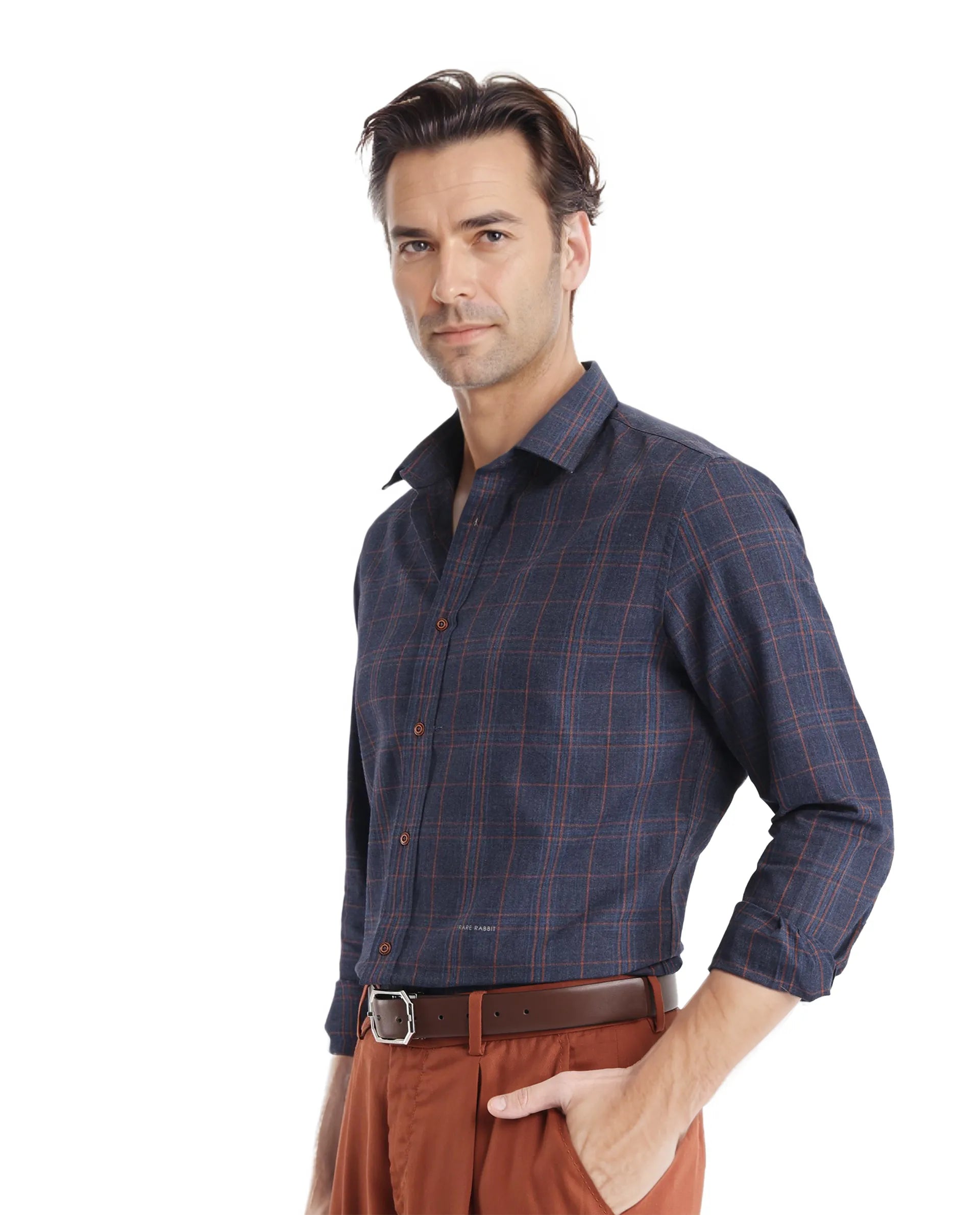Rare Rabbit Men's Vool Navy Cotton Checked Print Regular Fit Full Sleeve Collared Shirt