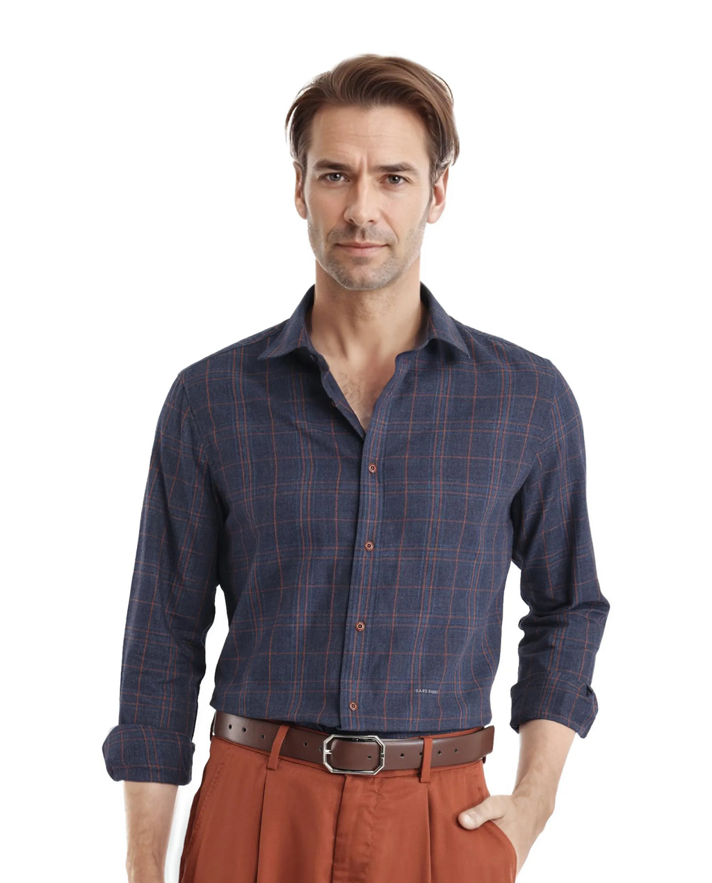 Rare Rabbit Men's Vool Navy Cotton Checked Print Regular Fit Full Sleeve Collared Shirt