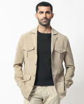 Rare Rabbit Men's Voyage Light Khaki Polyester Plain Tailored Fit Full Sleeve Lapel Neck Jacket
