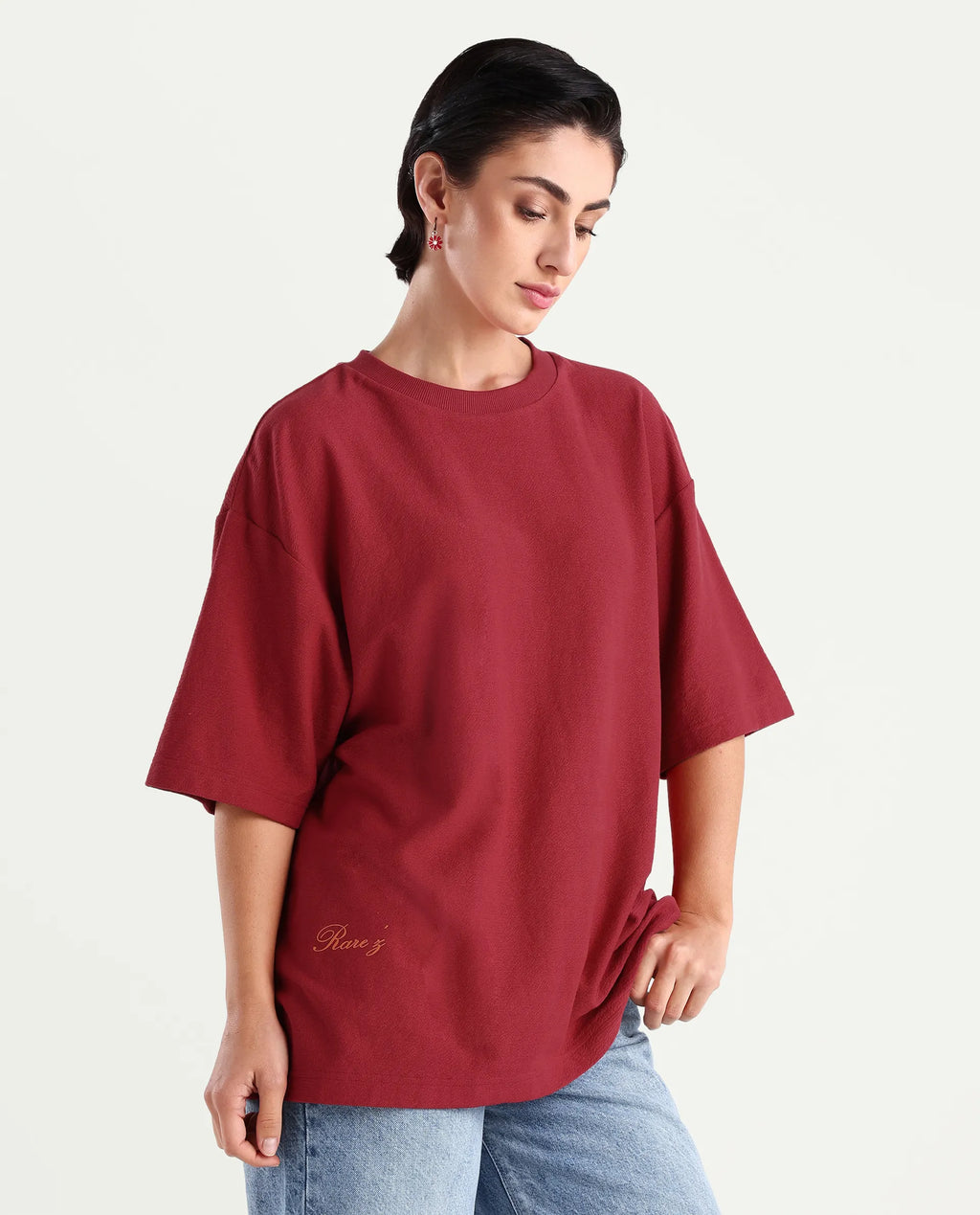 Rareism Women's Wahre Red Cotton Graphic Print Oversized T-Shirt