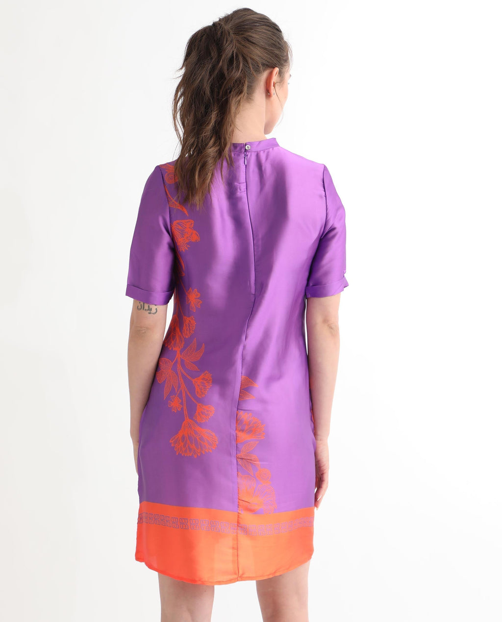 Rareism Women's Walker Purple Polyester High Neck Floral Print Mini Regular Fit Dress
