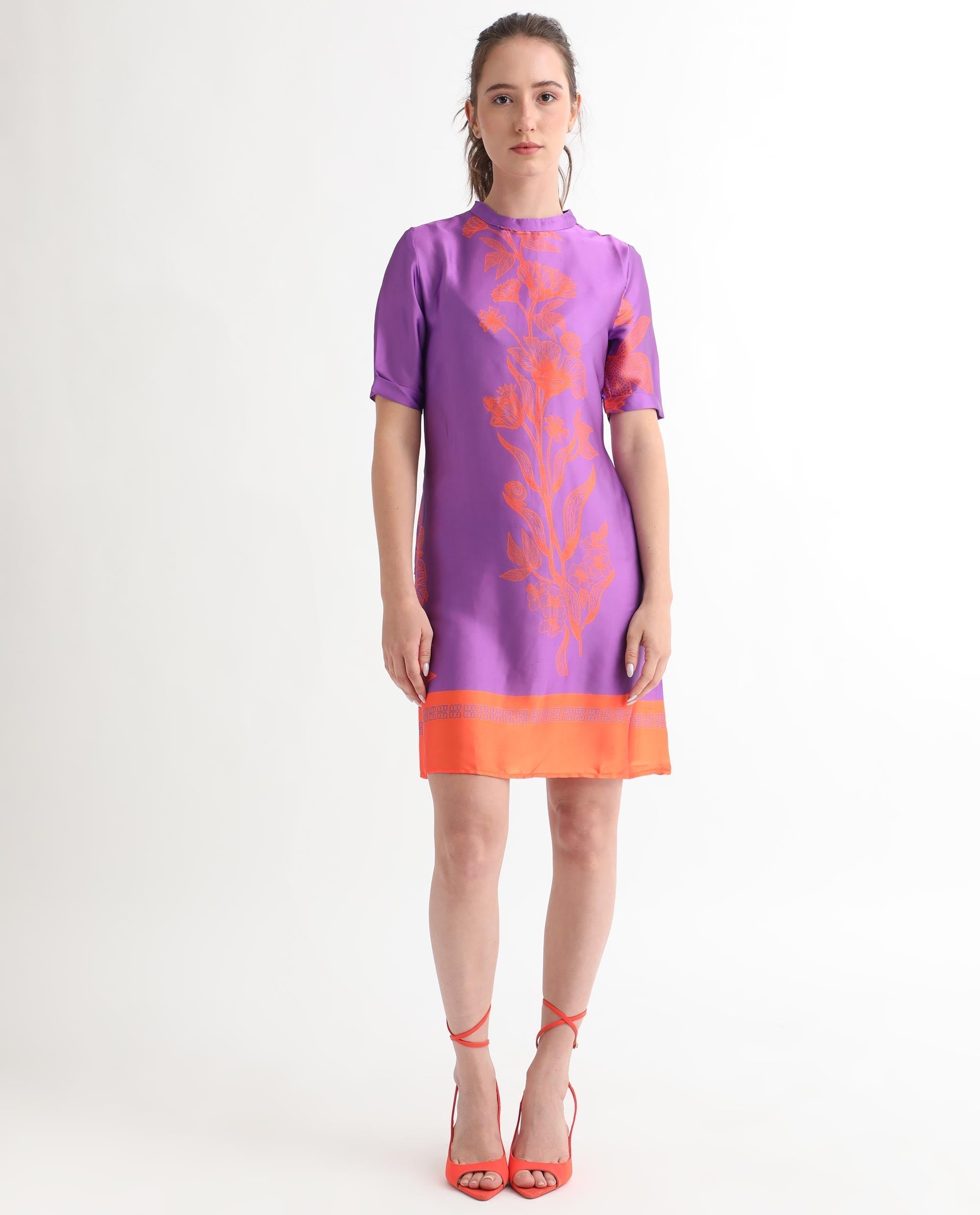 Rareism Women's Walker Purple Polyester High Neck Floral Print Mini Regular Fit Dress