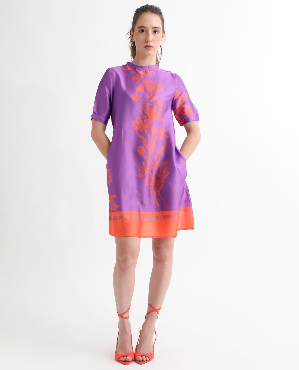 Rareism Women's Walker Purple Polyester High Neck Floral Print Mini Regular Fit Dress
