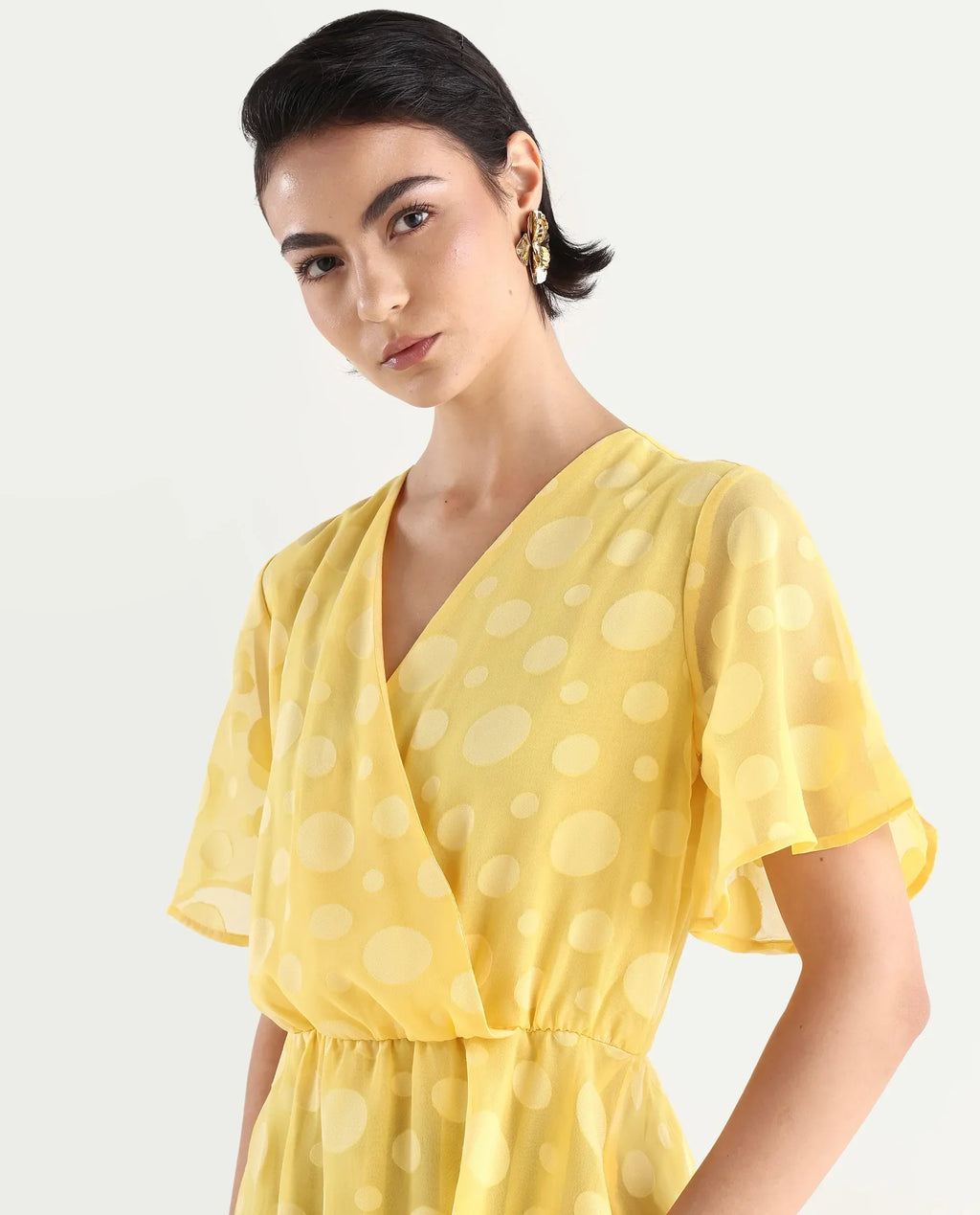 Rareism Women's Wallant Yellow Polyester Blend Key Hole Neck Polka Print Mini Fit And Flare Dress