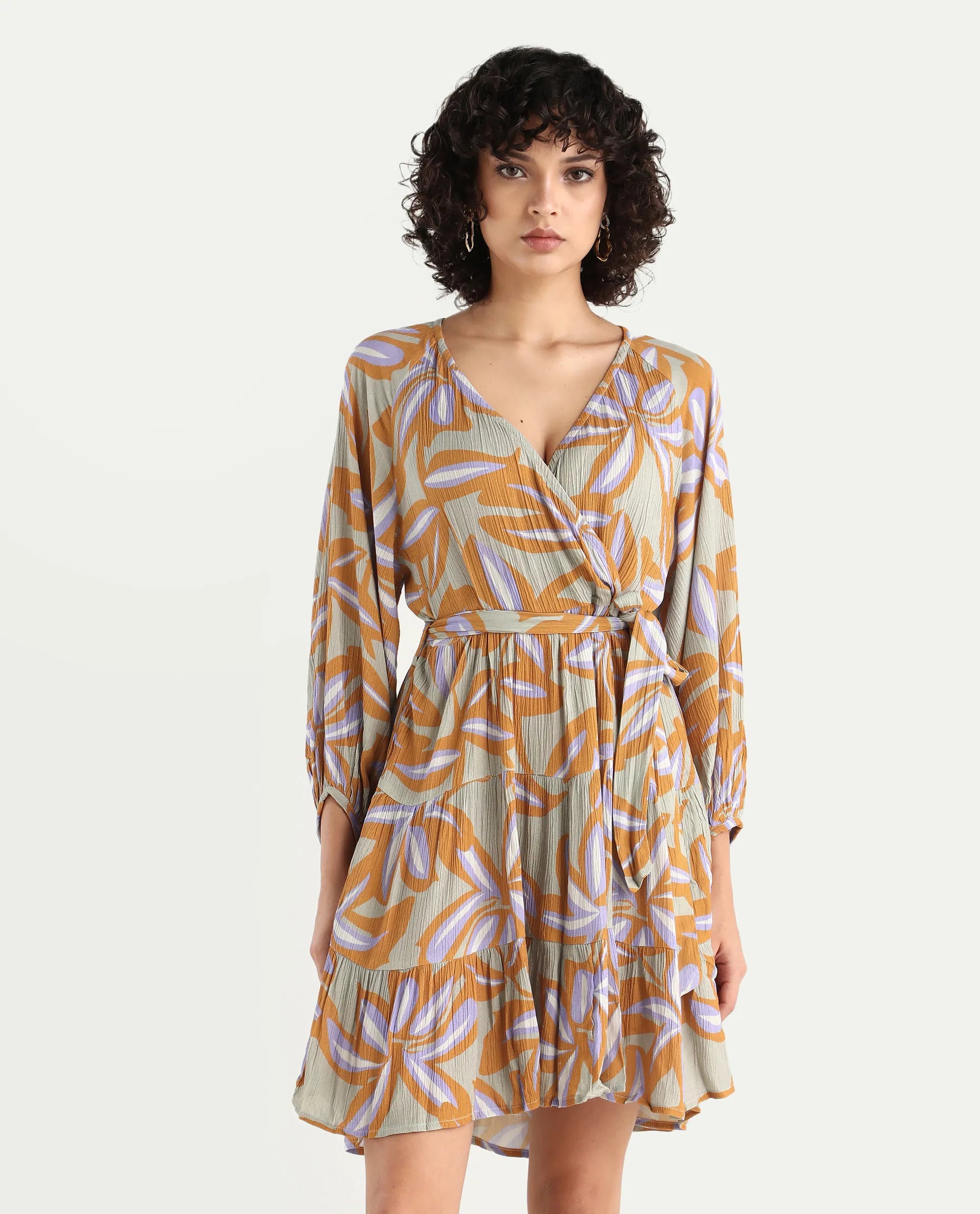 Rareism Women's Walter Light Multi Cotton Overlap Neck Abstract Print Raglan Sleeve Mini Fit And Flare Dress