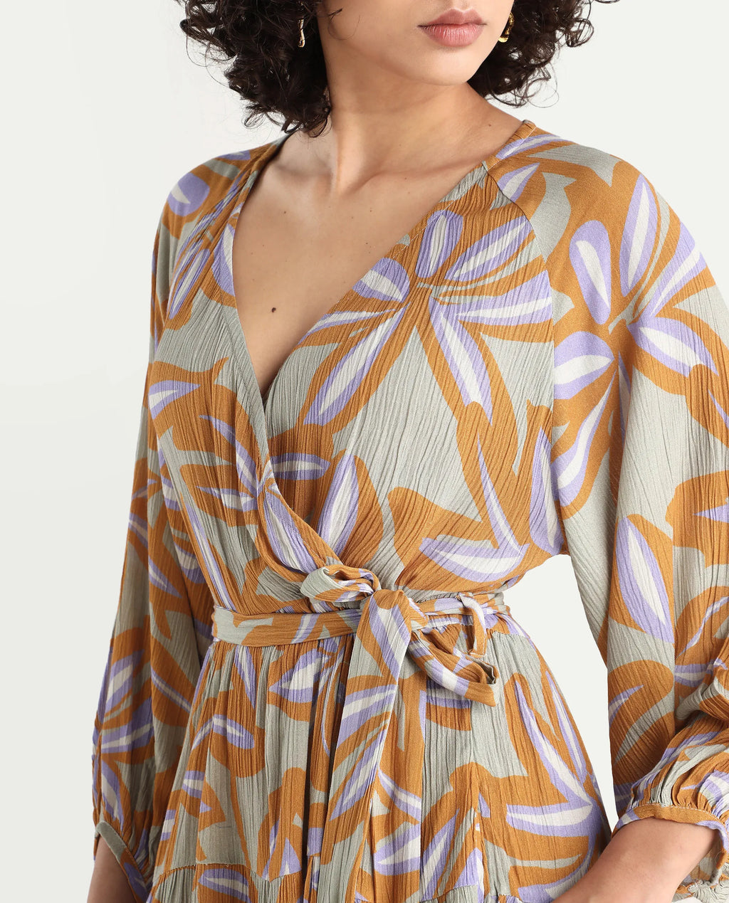 Rareism Women's Walter Light Multi Cotton Overlap Neck Abstract Print Raglan Sleeve Mini Fit And Flare Dress