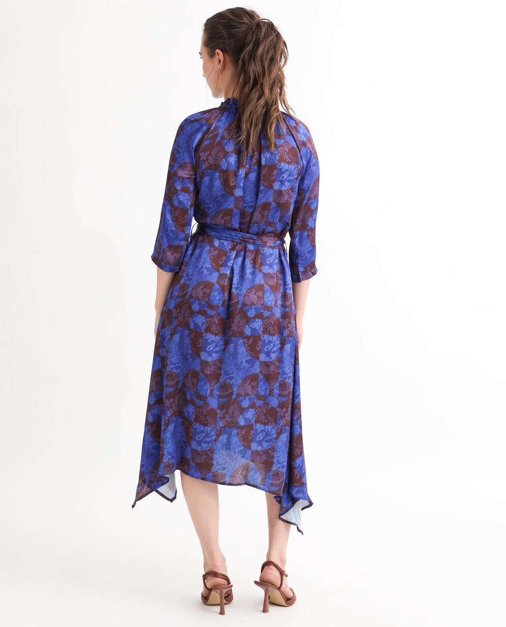 Rareism Women's Watson Brown Polyester Tie-Up Neck Floral Print Knee Length Regular Fit Dress