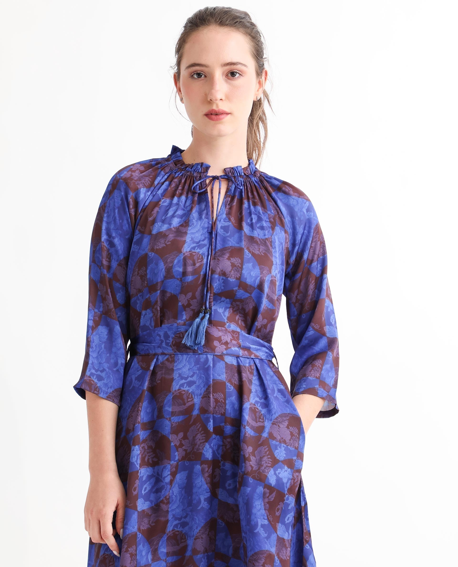 Rareism Women's Watson Brown Polyester Tie-Up Neck Floral Print Knee Length Regular Fit Dress