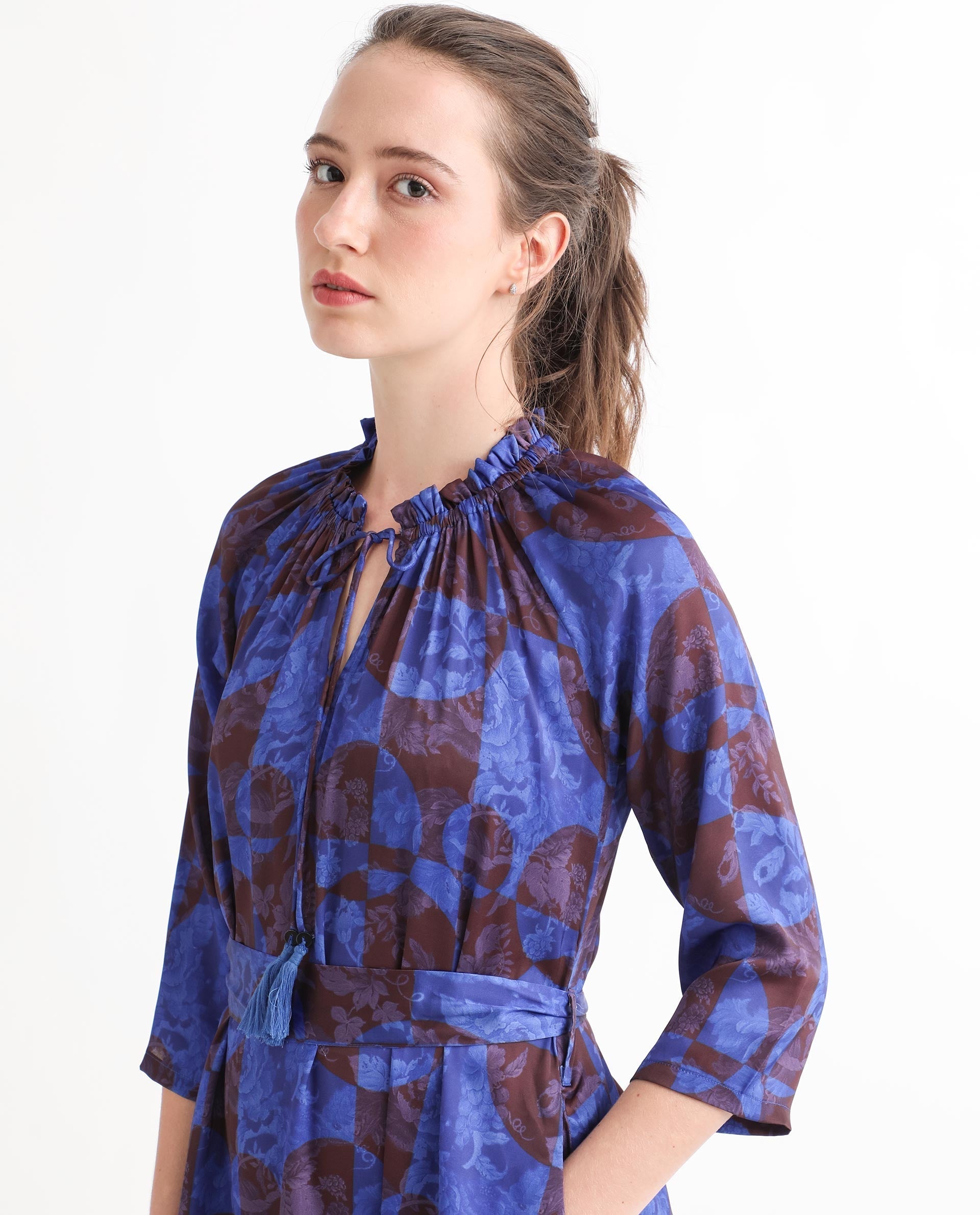 Rareism Women's Watson Brown Polyester Tie-Up Neck Floral Print Knee Length Regular Fit Dress