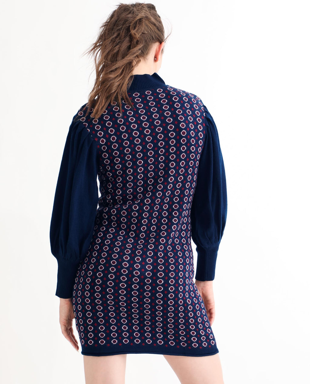 Rareism Women's Web Navy Acrylic High Neck Geometric Print Bishop Sleeve Knee Length Regular Fit Sweater