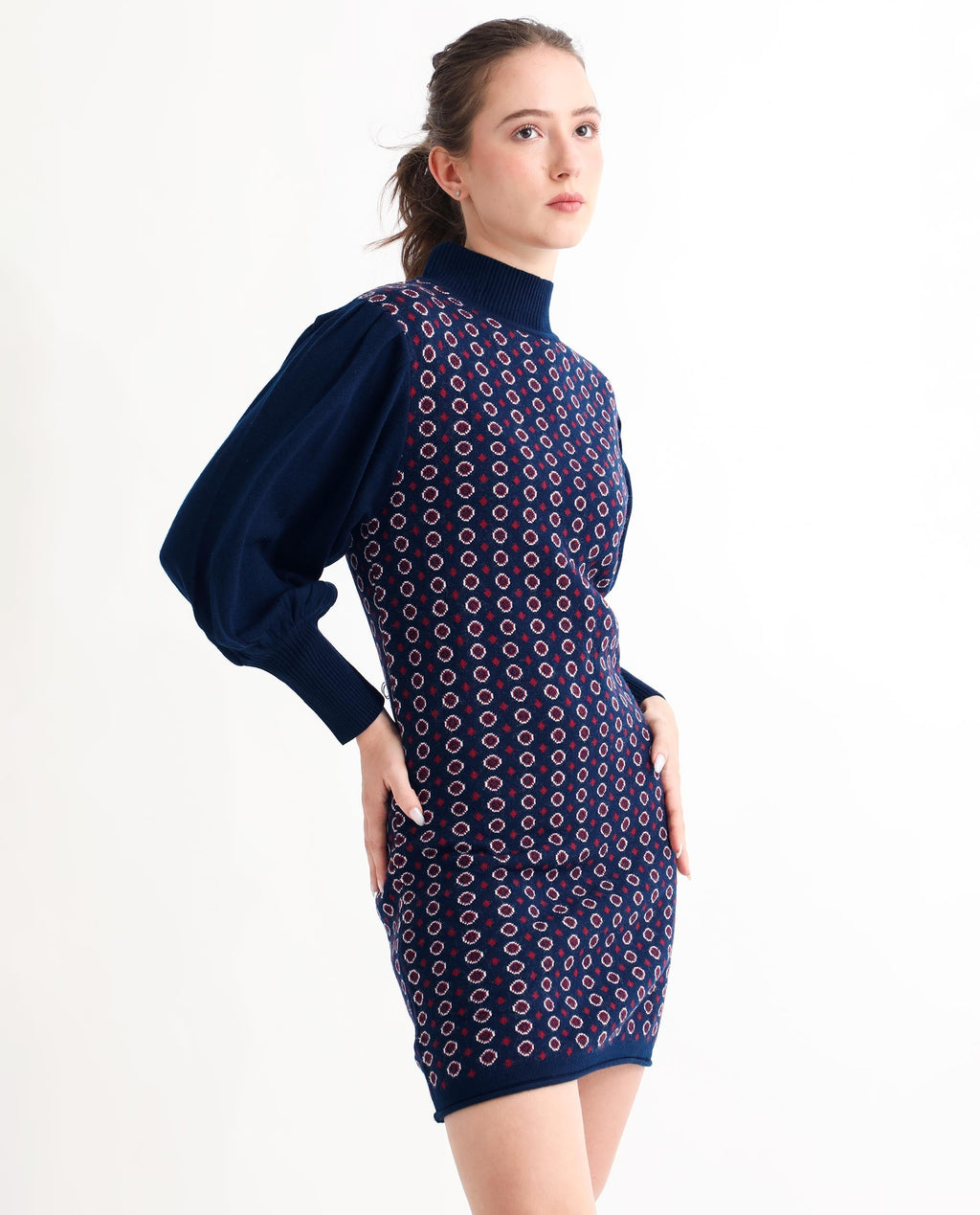 Rareism Women's Web Navy Acrylic High Neck Geometric Print Bishop Sleeve Knee Length Regular Fit Sweater