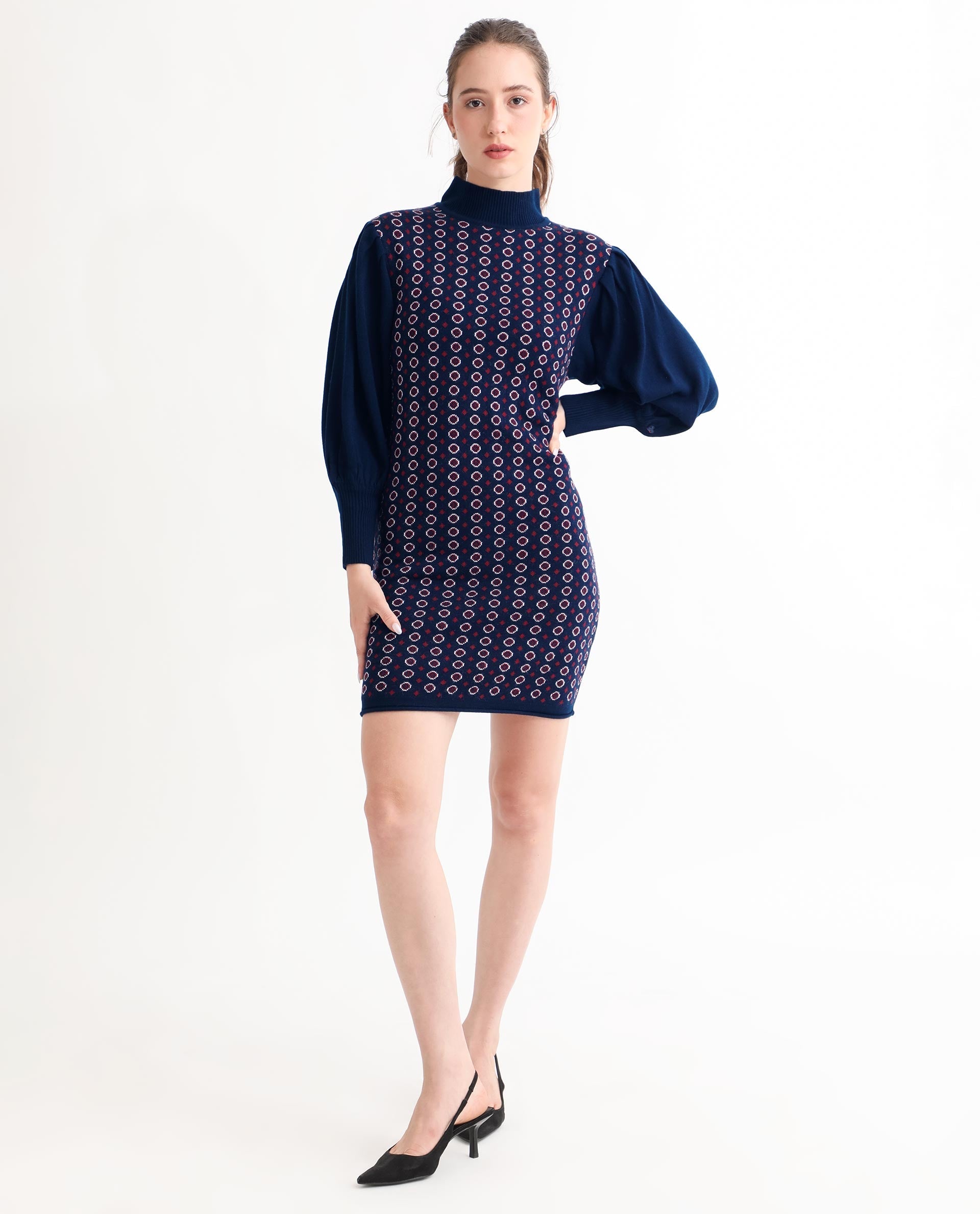 Rareism Women's Web Navy Acrylic High Neck Geometric Print Bishop Sleeve Knee Length Regular Fit Sweater