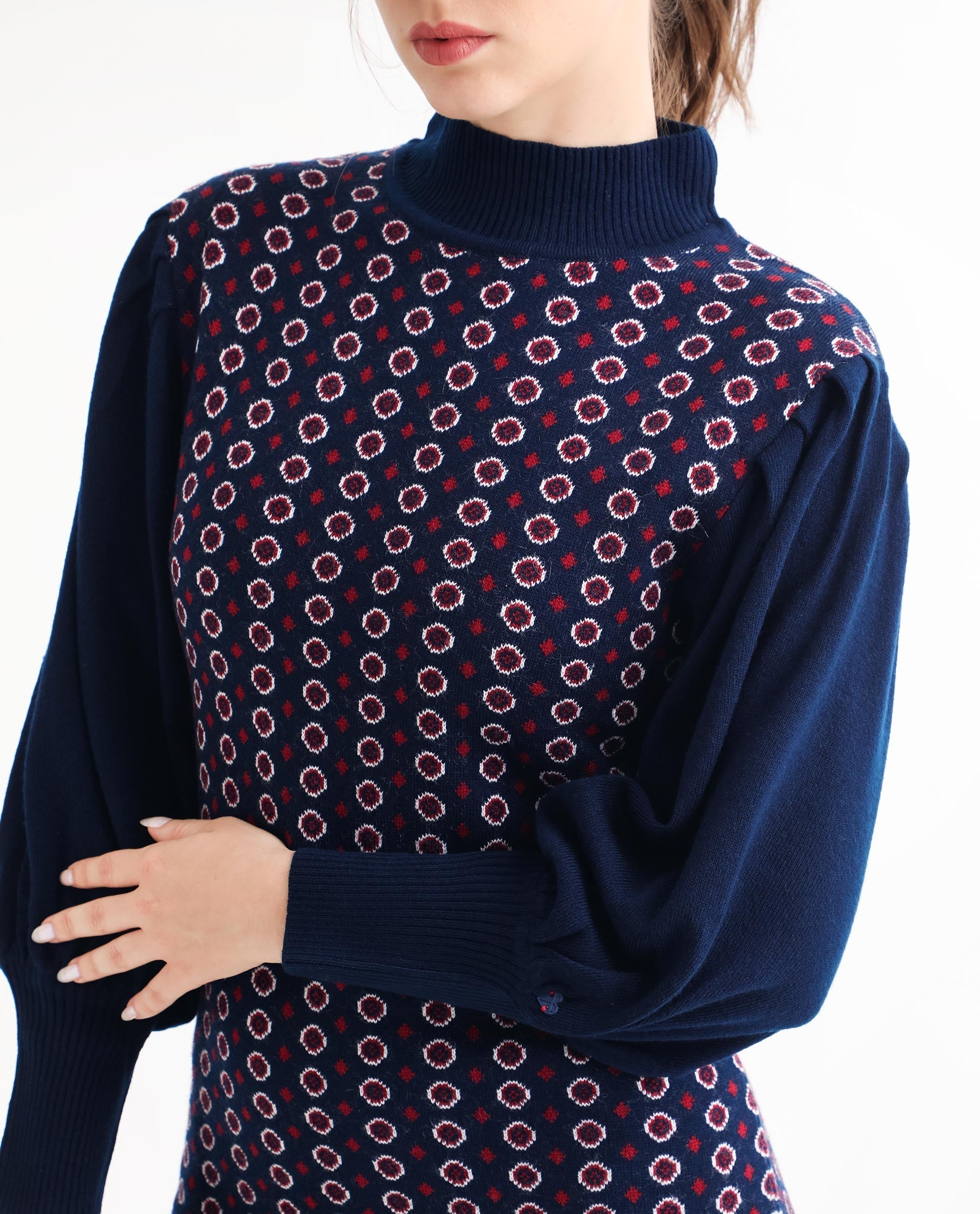 Rareism Women's Web Navy Acrylic High Neck Geometric Print Bishop Sleeve Knee Length Regular Fit Sweater