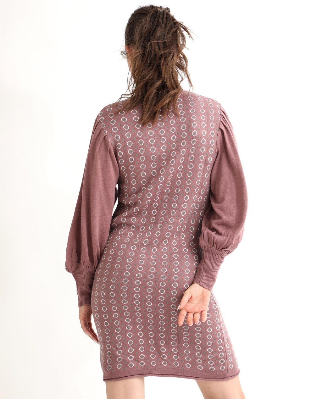 Rareism Women's Web Pink Acrylic High Neck Geometric Print Bishop Sleeve Knee Length Regular Fit Sweater