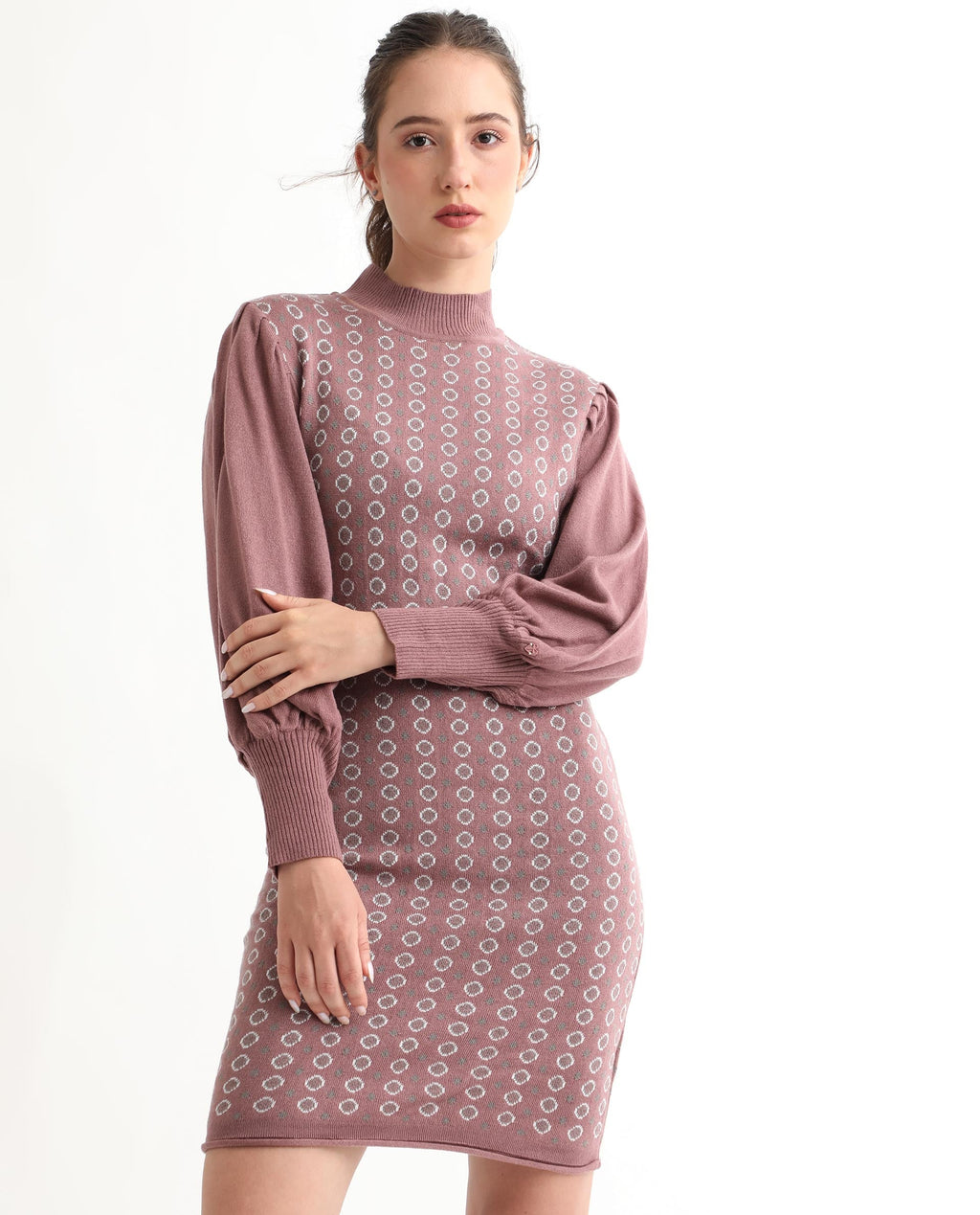 Rareism Women's Web Pink Acrylic High Neck Geometric Print Bishop Sleeve Knee Length Regular Fit Sweater