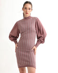 Rareism Women's Web Pink Acrylic High Neck Geometric Print Bishop Sleeve Knee Length Regular Fit Sweater