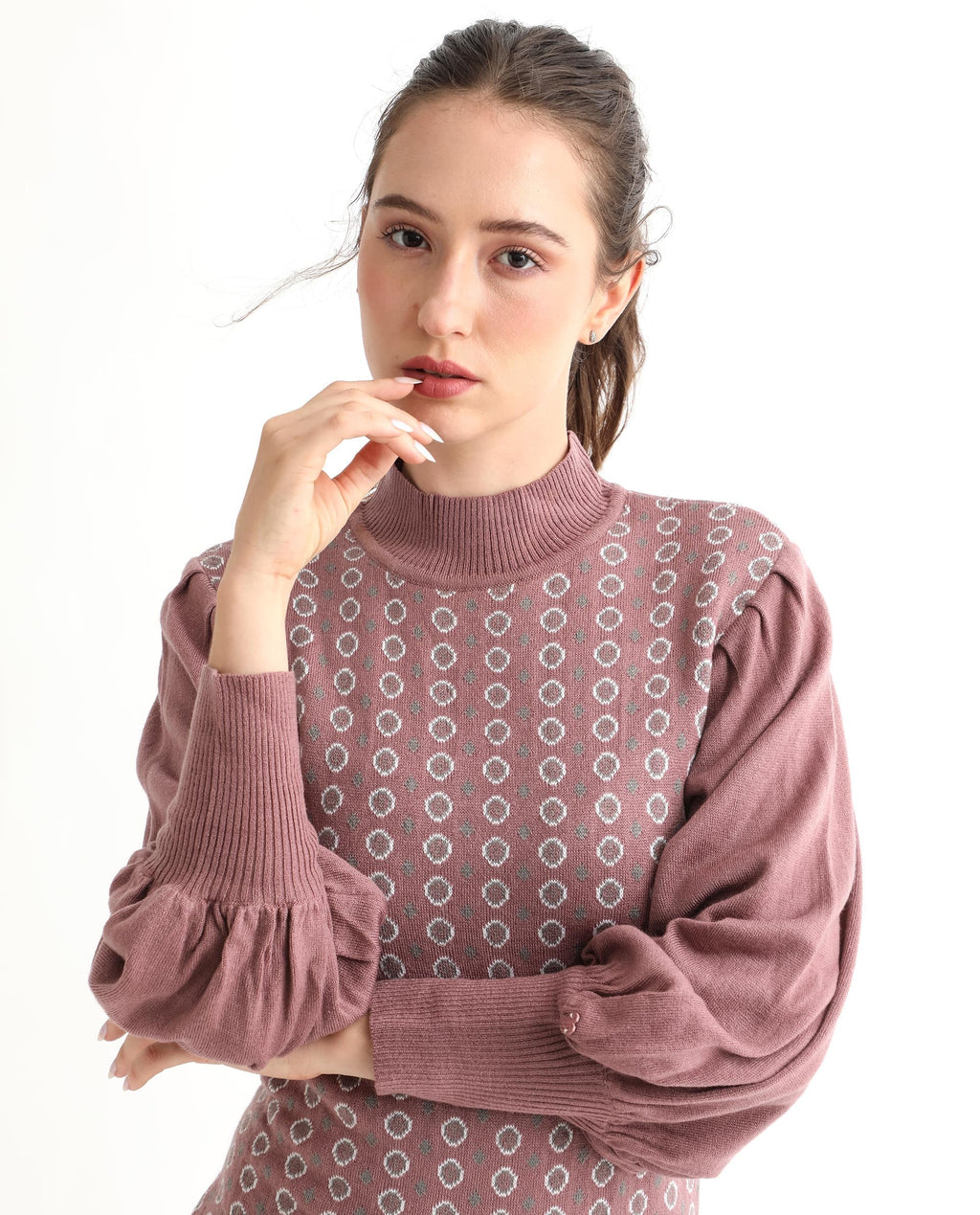 Rareism Women's Web Pink Acrylic High Neck Geometric Print Bishop Sleeve Knee Length Regular Fit Sweater