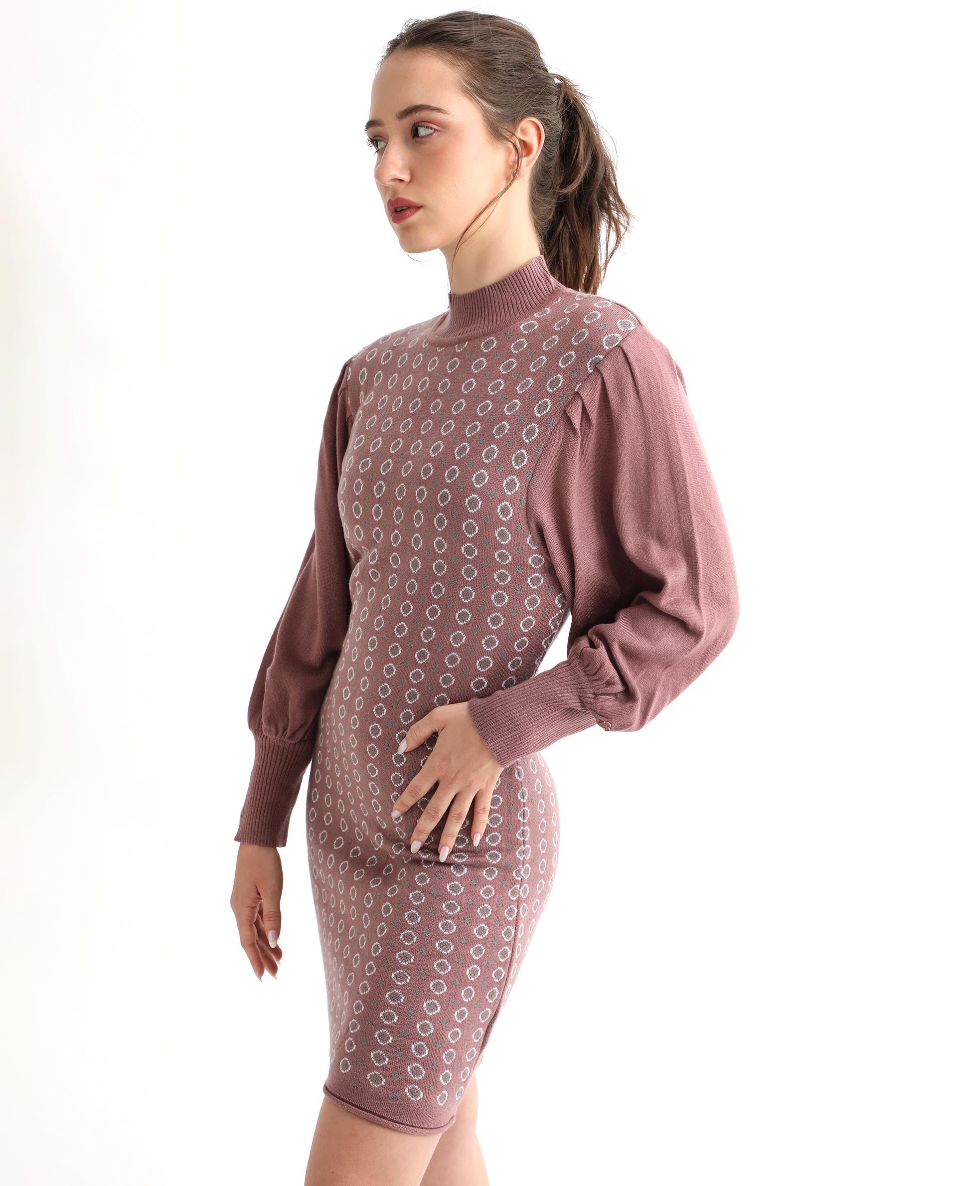 Rareism Women's Web Pink Acrylic High Neck Geometric Print Bishop Sleeve Knee Length Regular Fit Sweater
