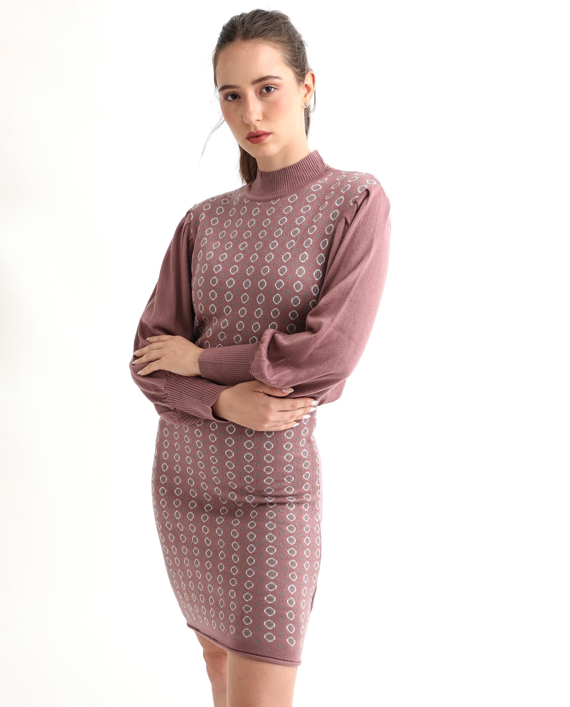 Rareism Women's Web Pink Acrylic High Neck Geometric Print Bishop Sleeve Knee Length Regular Fit Sweater
