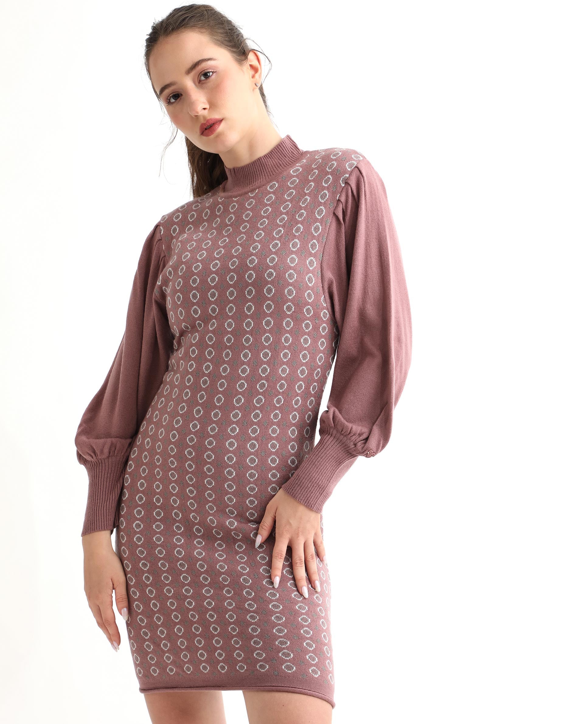 Rareism Women's Web Pink Acrylic High Neck Geometric Print Bishop Sleeve Knee Length Regular Fit Sweater