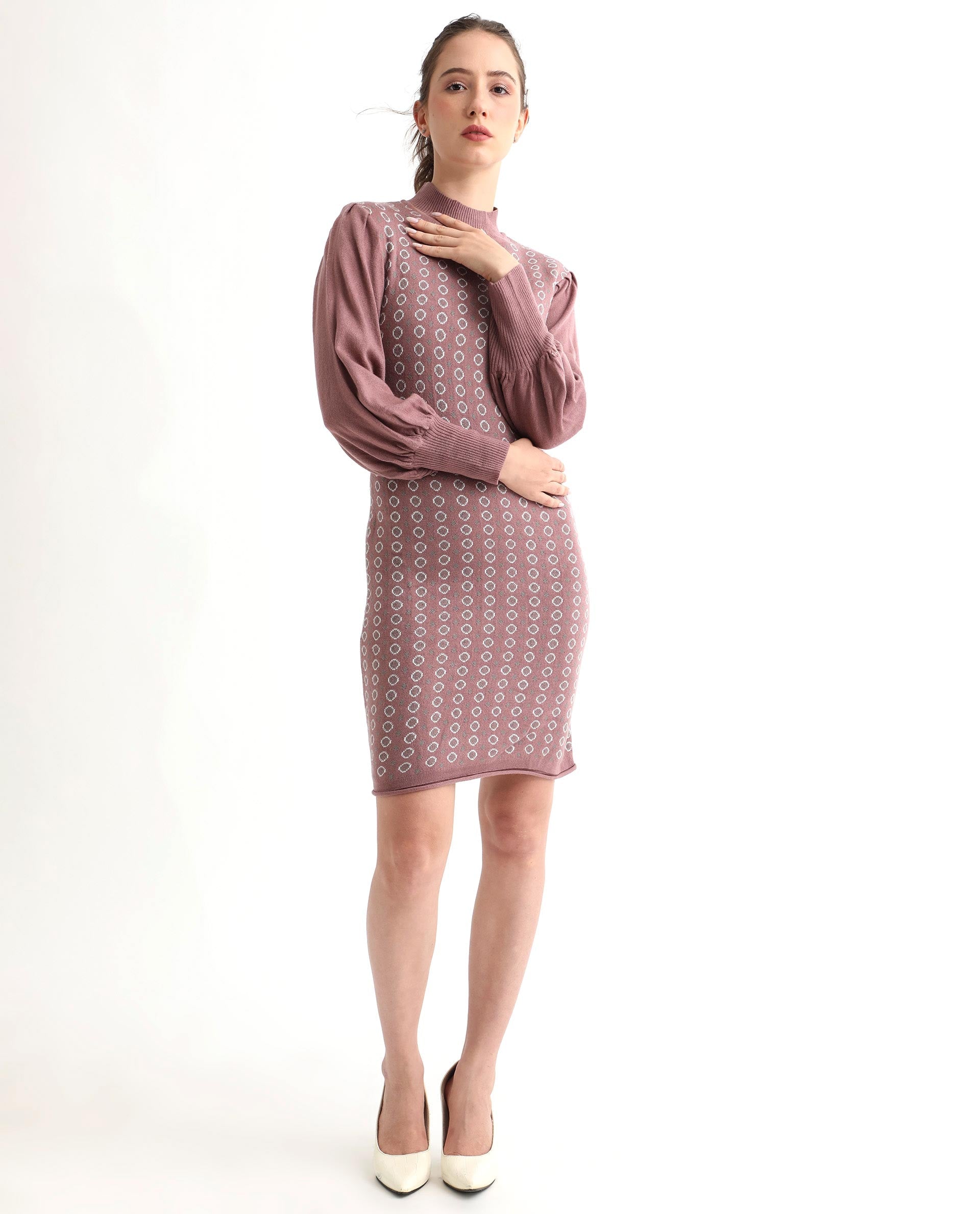 Rareism Women's Web Pink Acrylic High Neck Geometric Print Bishop Sleeve Knee Length Regular Fit Sweater