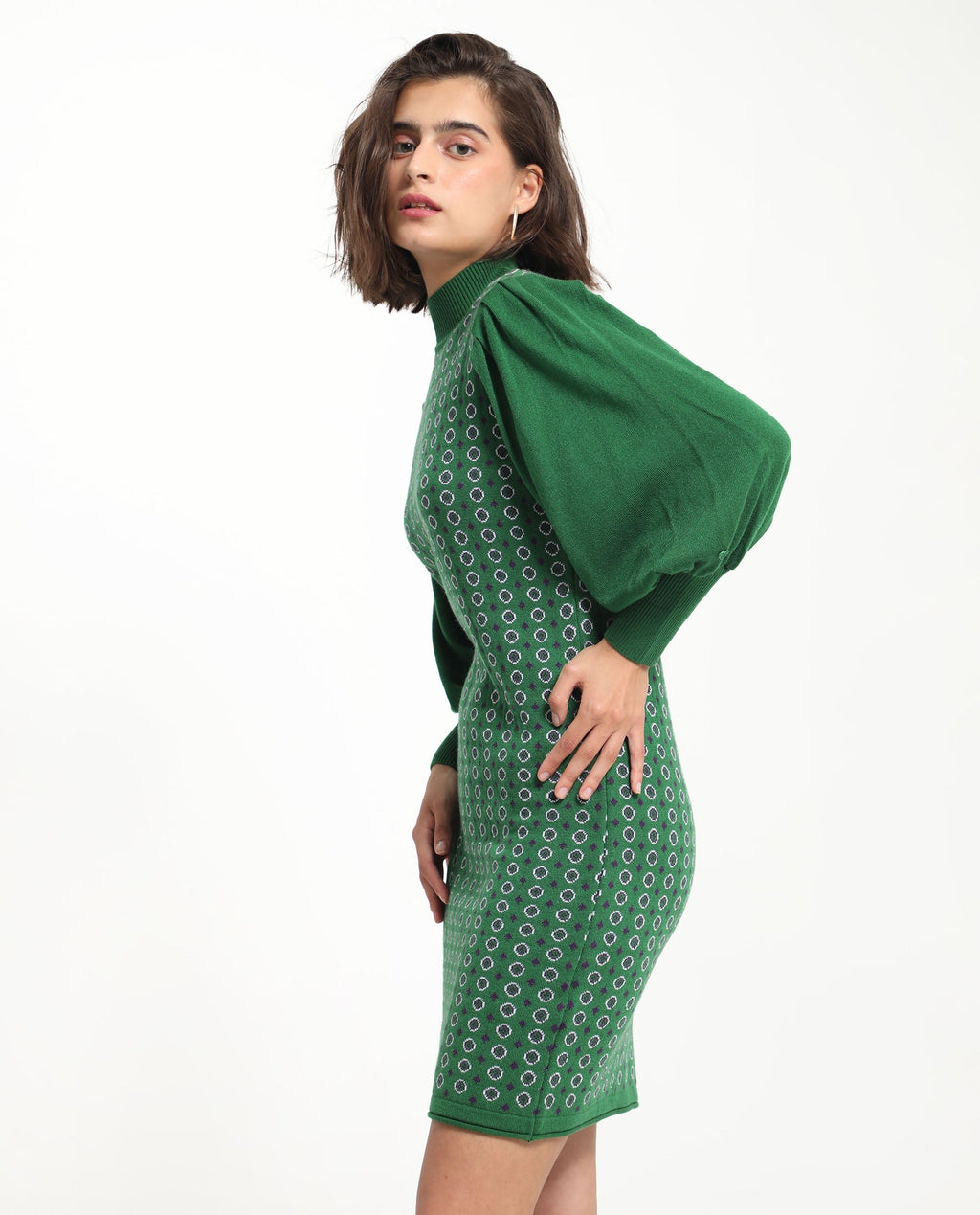 Rareism Women's Web 2 Green Acrylic High Neck Geometric Print Bishop Sleeve Knee Length Regular Fit Sweater
