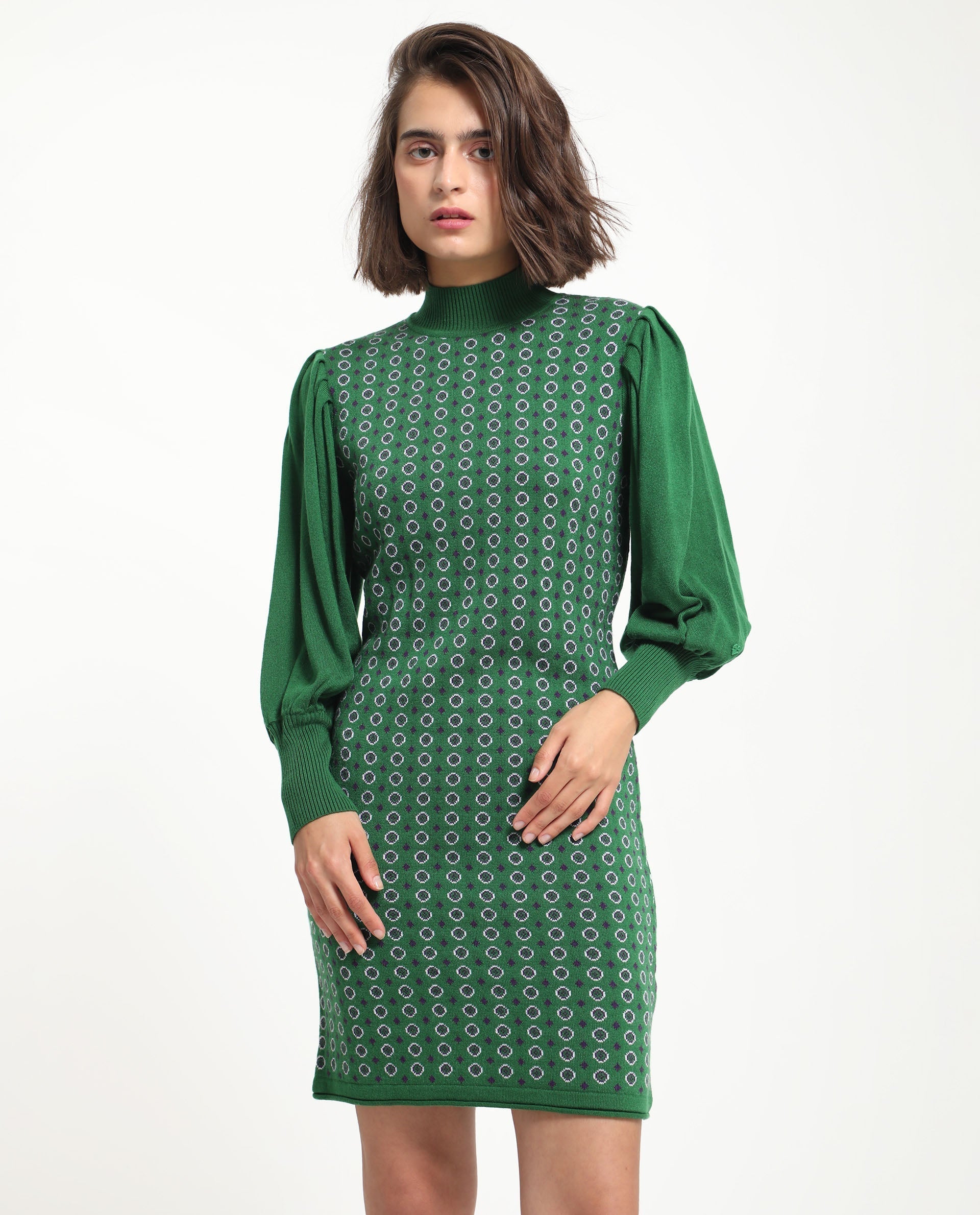 Rareism Women's Web 2 Green Acrylic High Neck Geometric Print Bishop Sleeve Knee Length Regular Fit Sweater
