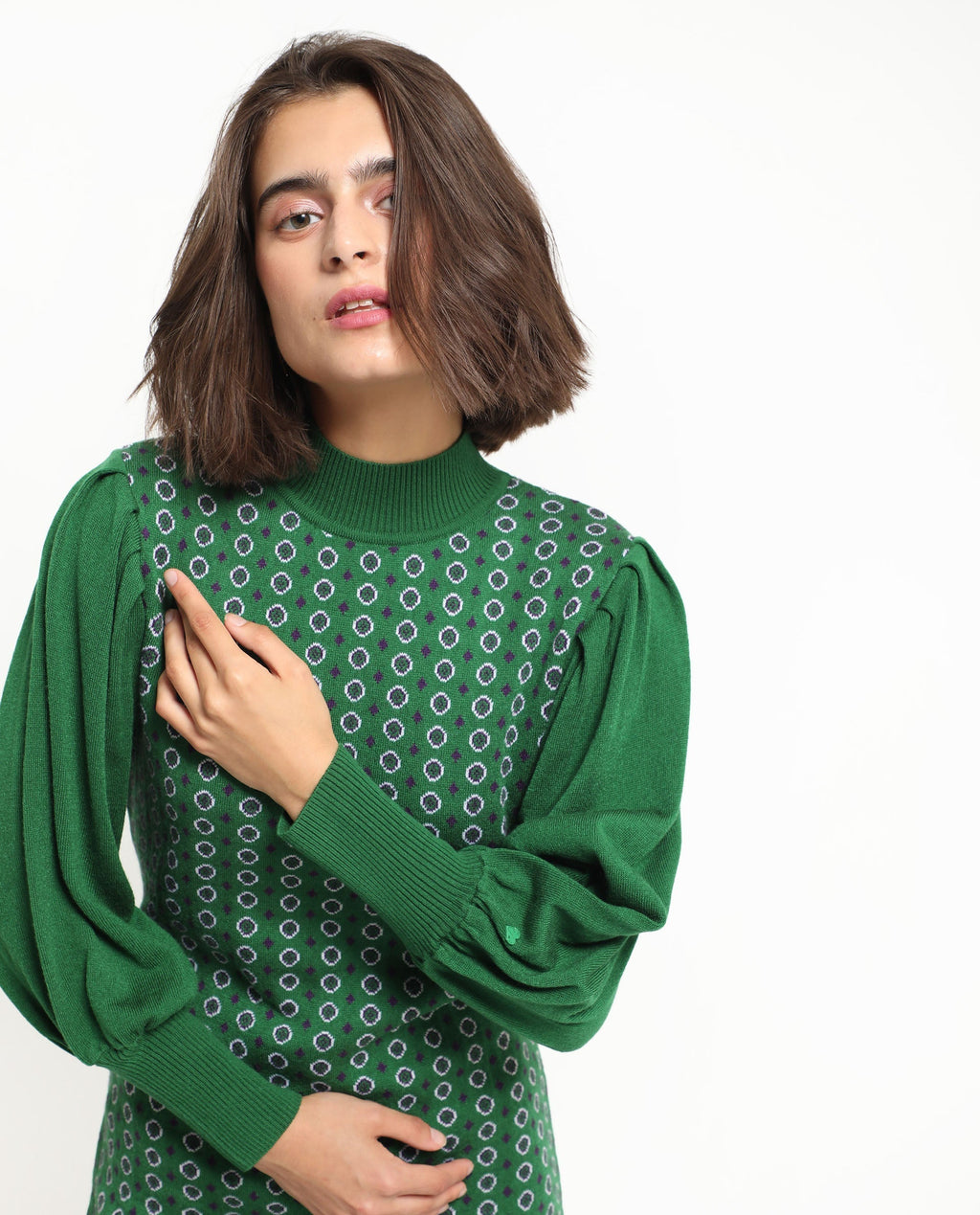 Rareism Women's Web 2 Green Acrylic High Neck Geometric Print Bishop Sleeve Knee Length Regular Fit Sweater