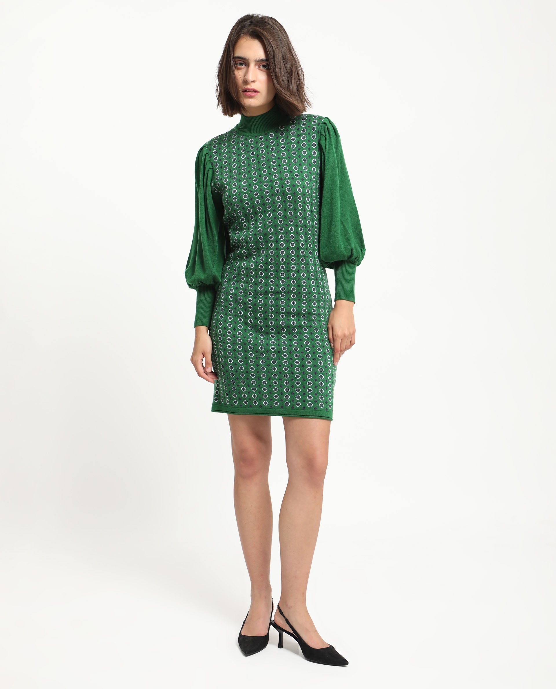 Rareism Women's Web 2 Green Acrylic High Neck Geometric Print Bishop Sleeve Knee Length Regular Fit Sweater