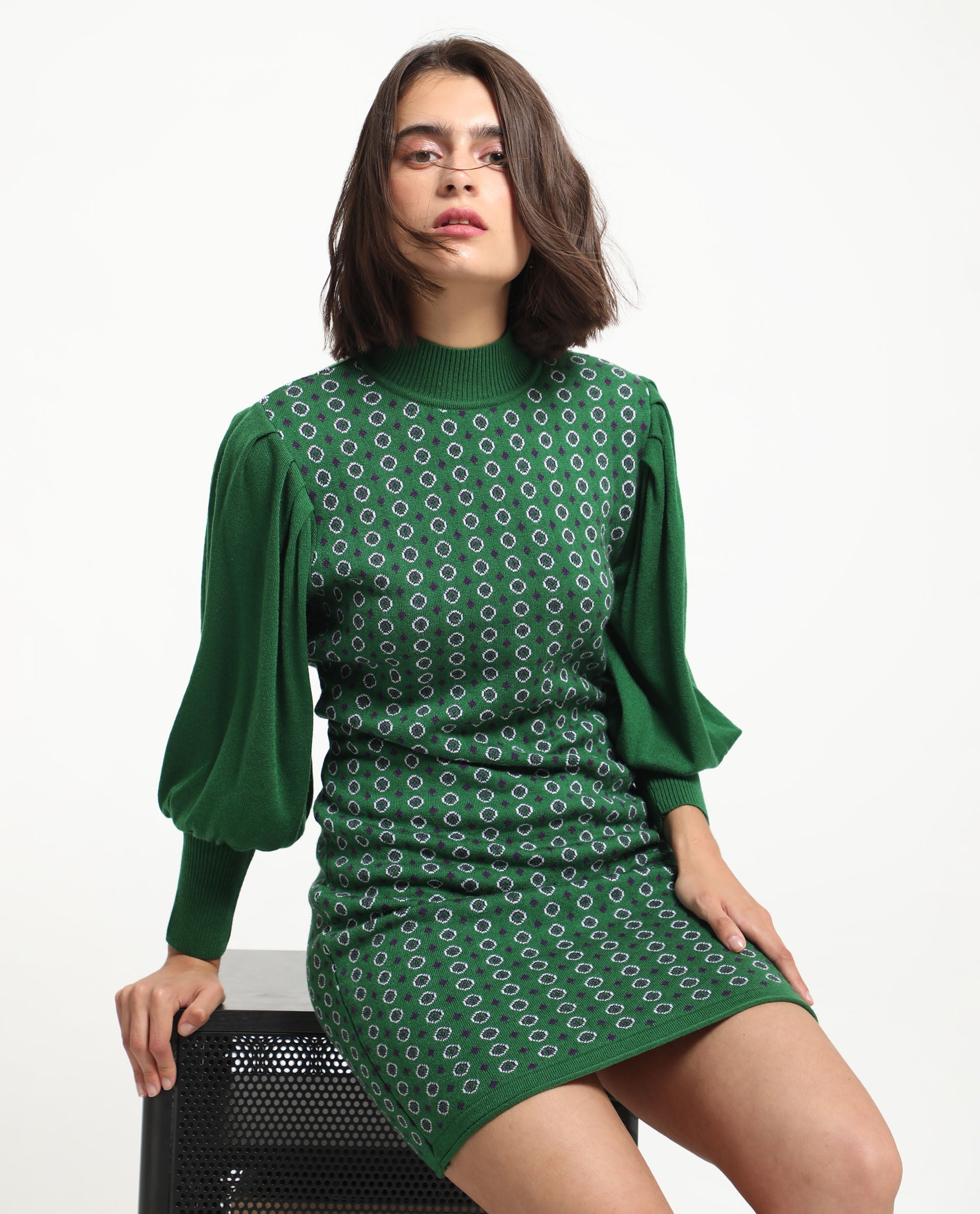 Rareism Women's Web 2 Green Acrylic High Neck Geometric Print Bishop Sleeve Knee Length Regular Fit Sweater