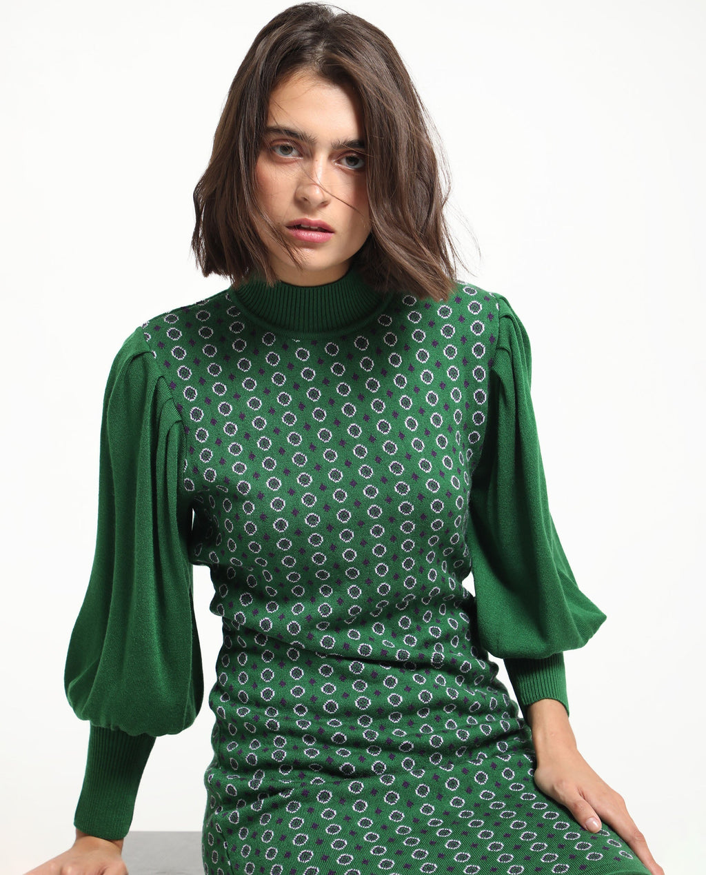 Rareism Women's Web 2 Green Acrylic High Neck Geometric Print Bishop Sleeve Knee Length Regular Fit Sweater