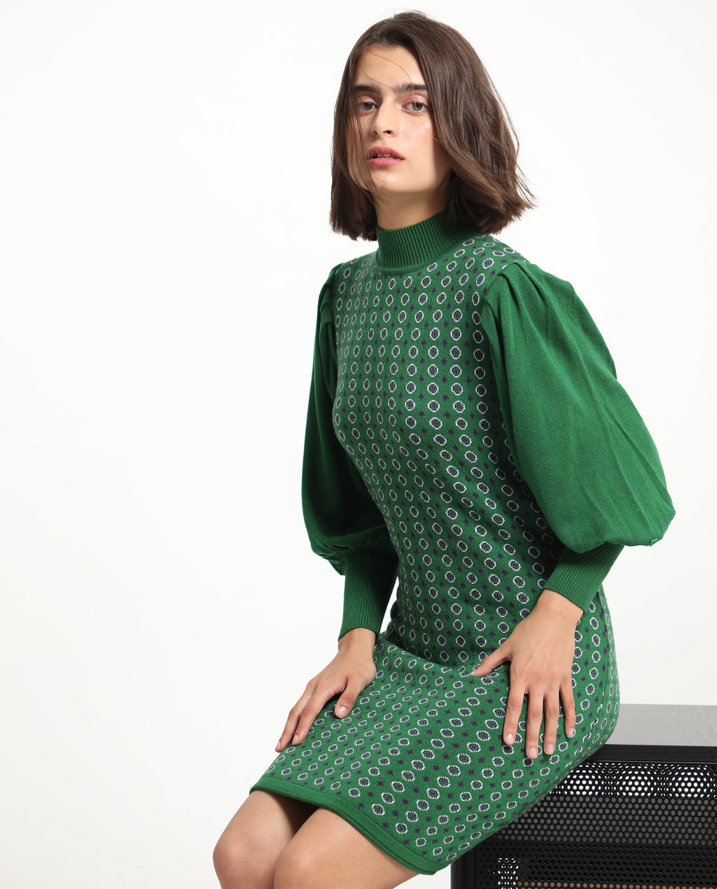 Rareism Women's Web 2 Green Acrylic High Neck Geometric Print Bishop Sleeve Knee Length Regular Fit Sweater