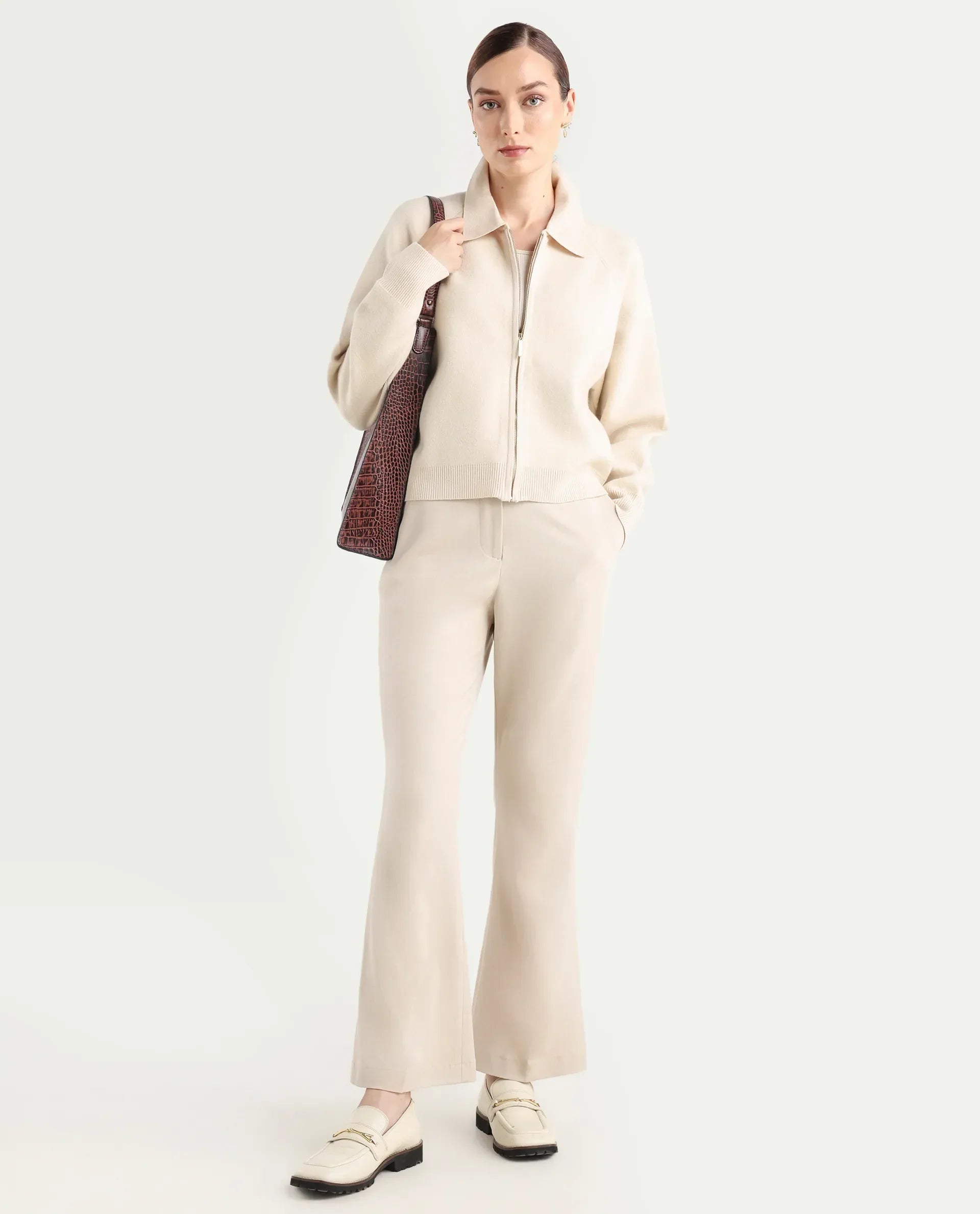 Rareism Women's Wedzo Off White Viscose Blend Spread Collar Regular Fit Plain Jacket