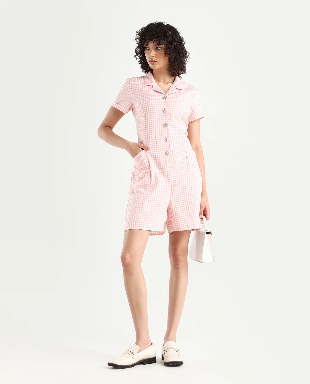 Rareism Women's Welt Peach Cotton Blend Lapel Neck Checked Regular Fit Playsuit
