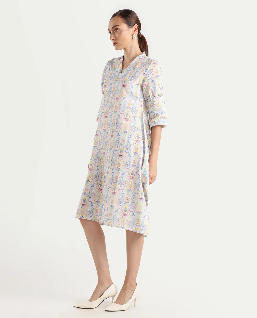 Rareism Women's Wherry Multi Linen V-Neck Abstract Print Midi Regular Fit Dress