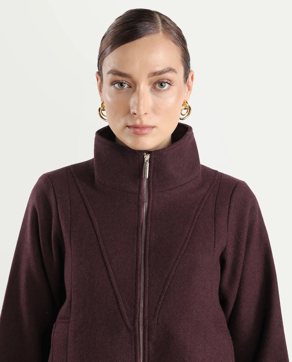Rareism Women's Whyla Dark Maroon Stand Collar Plain Raglan Sleeve Boxy Fit Jacket