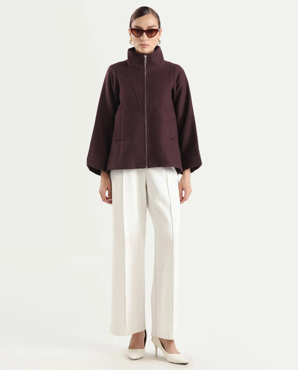 Rareism Women's Whyla Dark Maroon Stand Collar Plain Raglan Sleeve Boxy Fit Jacket